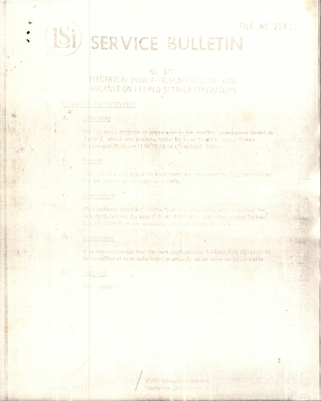 Sample page 1 from AirCorps Library document: Service Bulletin No. 172 for Replacement of Electrical Power Fan Locknut on LSI/PED Starter Generators