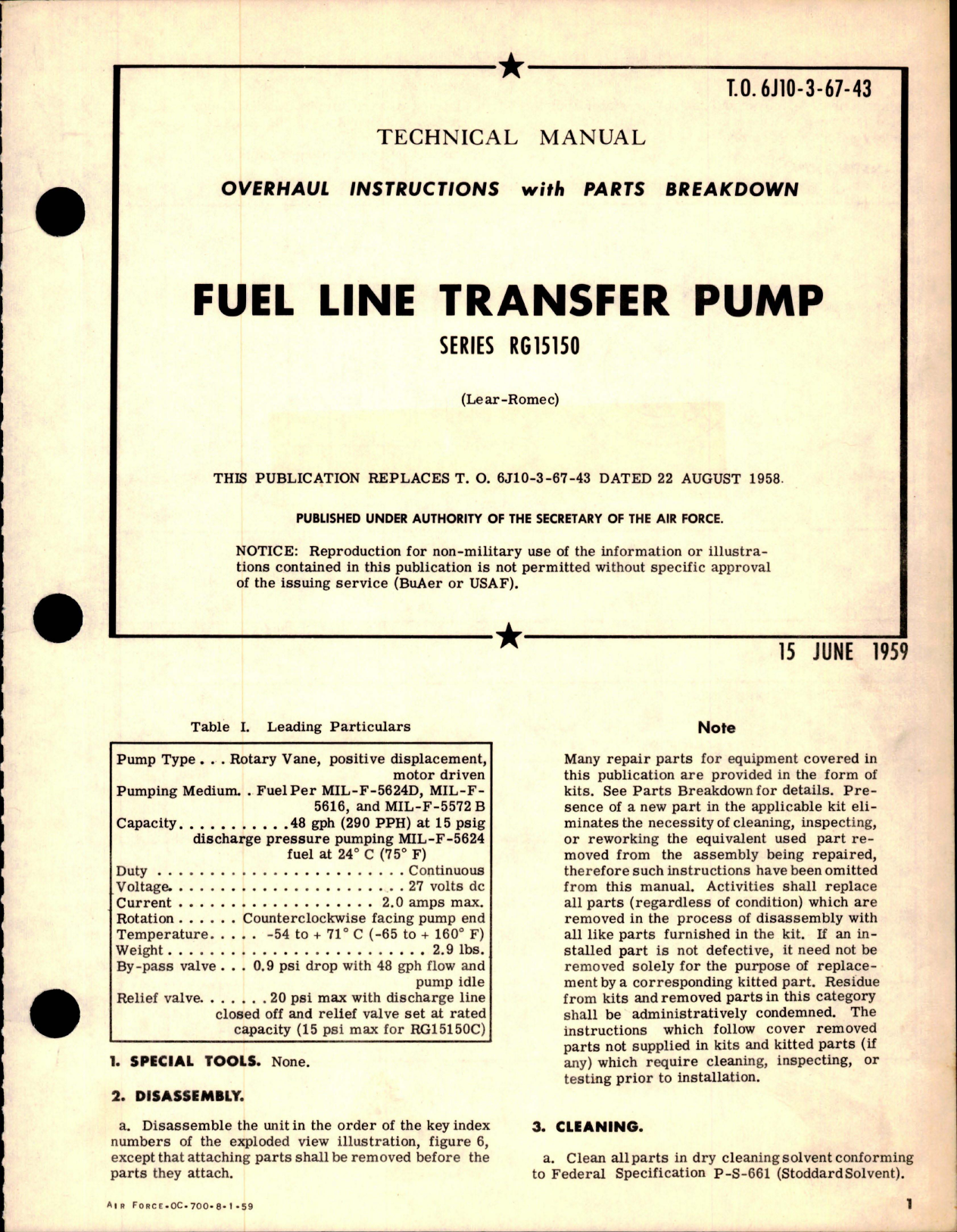 Sample page 1 from AirCorps Library document: Overhaul Instructions w Parts Breakdown for Fuel Line Transfer Pump - Series RG15150 