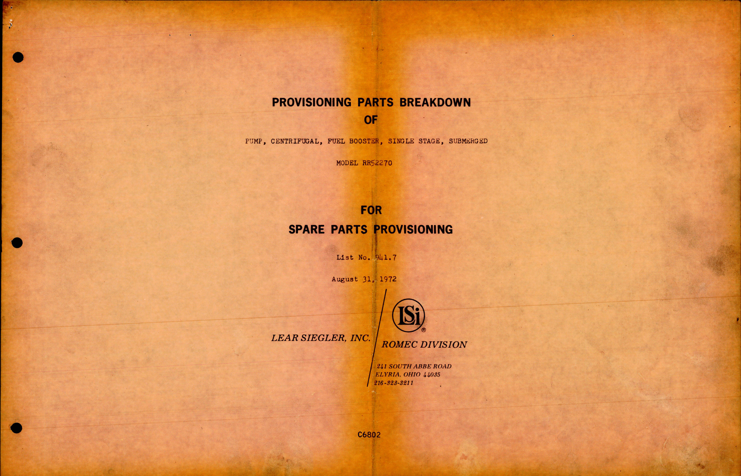 Sample page 1 from AirCorps Library document: Provisioning Parts Breakdown for Centrifugal, Submerged, Single Stage Fuel Booster Pump - Model RR52270 