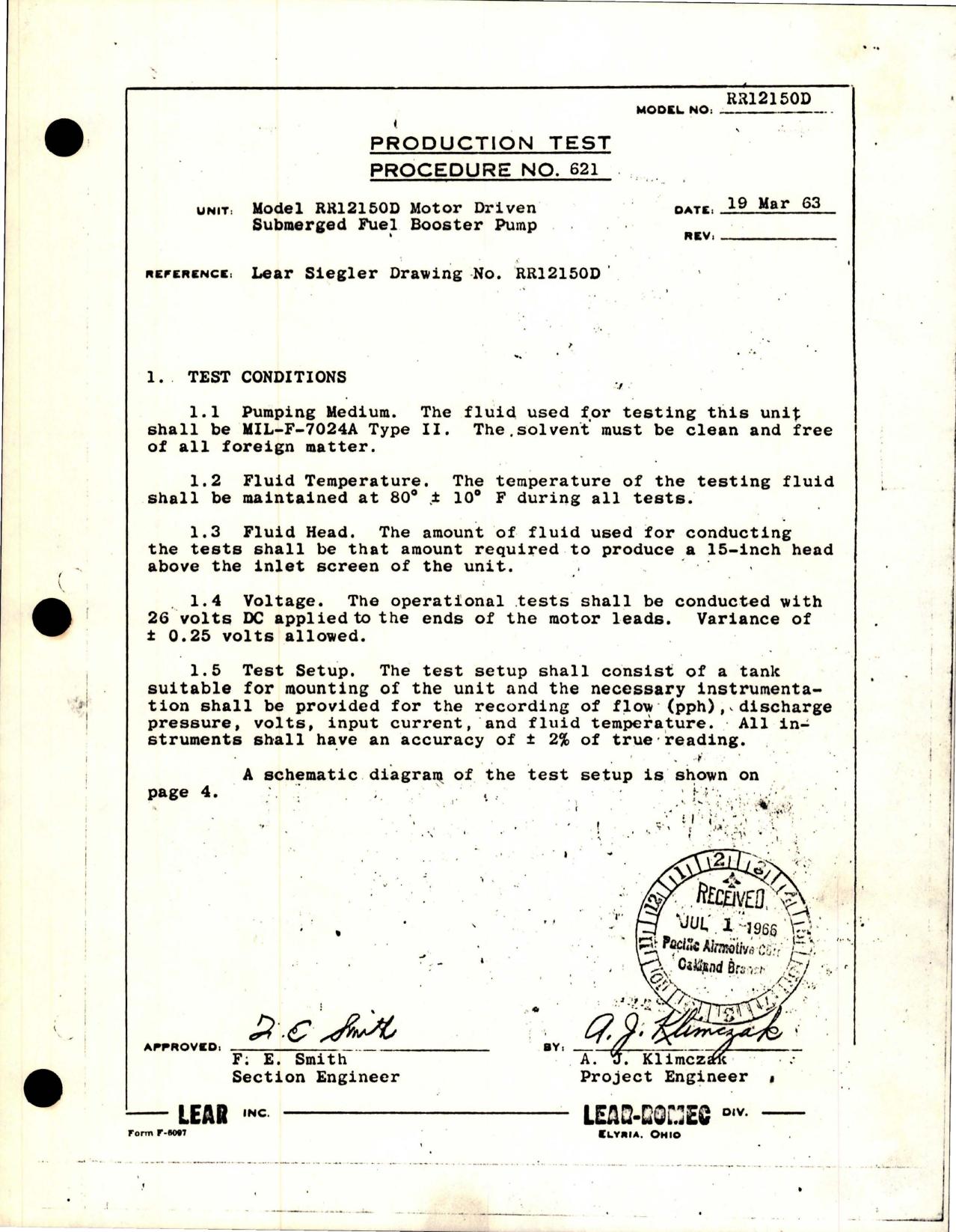 Sample page 1 from AirCorps Library document: Production Test Procedure for Motor Driven Submerged Fuel Booster Pump - Model RR12150D 