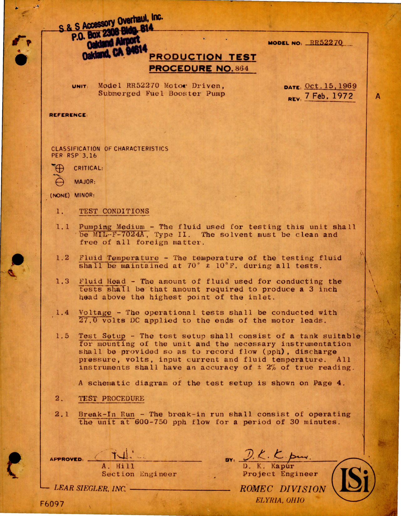 Sample page 1 from AirCorps Library document: Production Test Procedure for Motor Driven Submerged Fuel Booster Pump - Model RR52270 