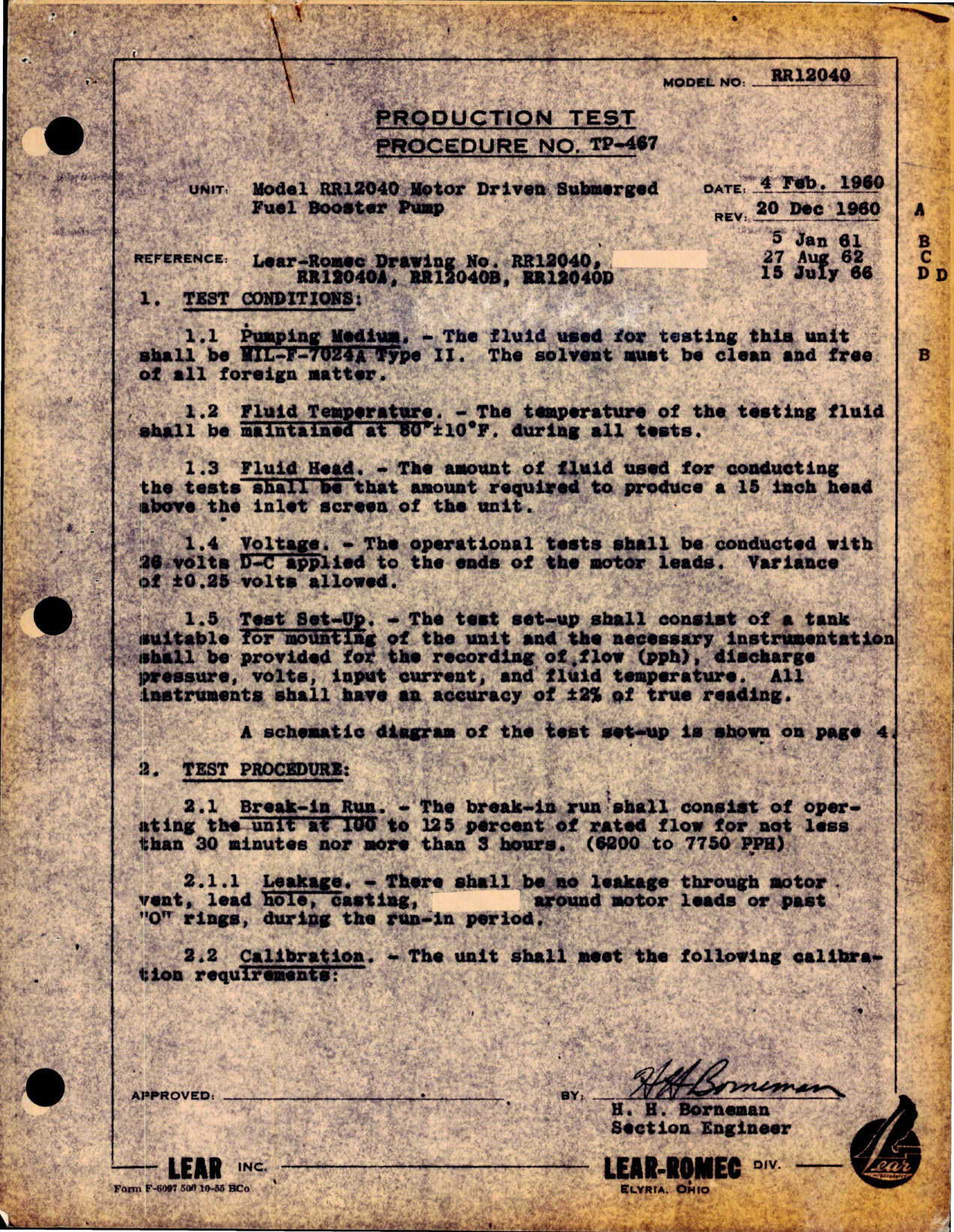 Sample page 1 from AirCorps Library document: Production Test Procedure for Motor Driven Submerged Fuel Booster Pump - Model RR12040 