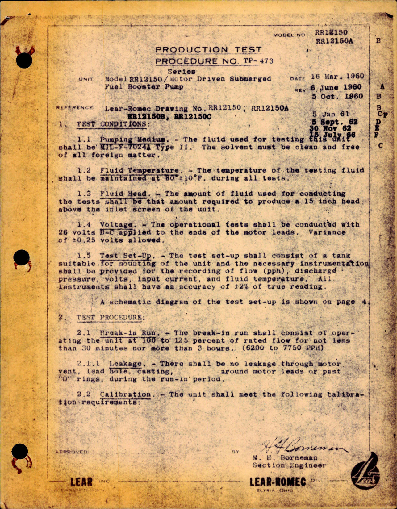 Sample page 1 from AirCorps Library document: Production Test Procedure for Motor Driven Submerged Fuel Booster Pump - Model RR12150 