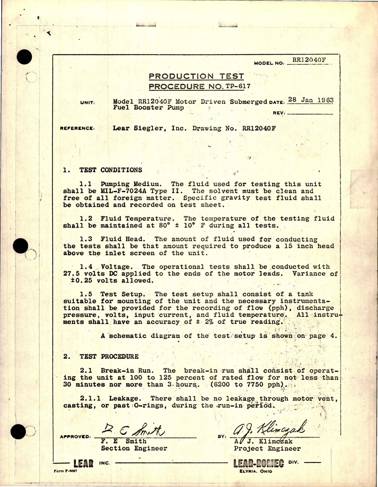 Sample page 1 from AirCorps Library document: Production Test Procedure for Motor Driven Submerged Fuel Booster Pump - Model RR12040F 
