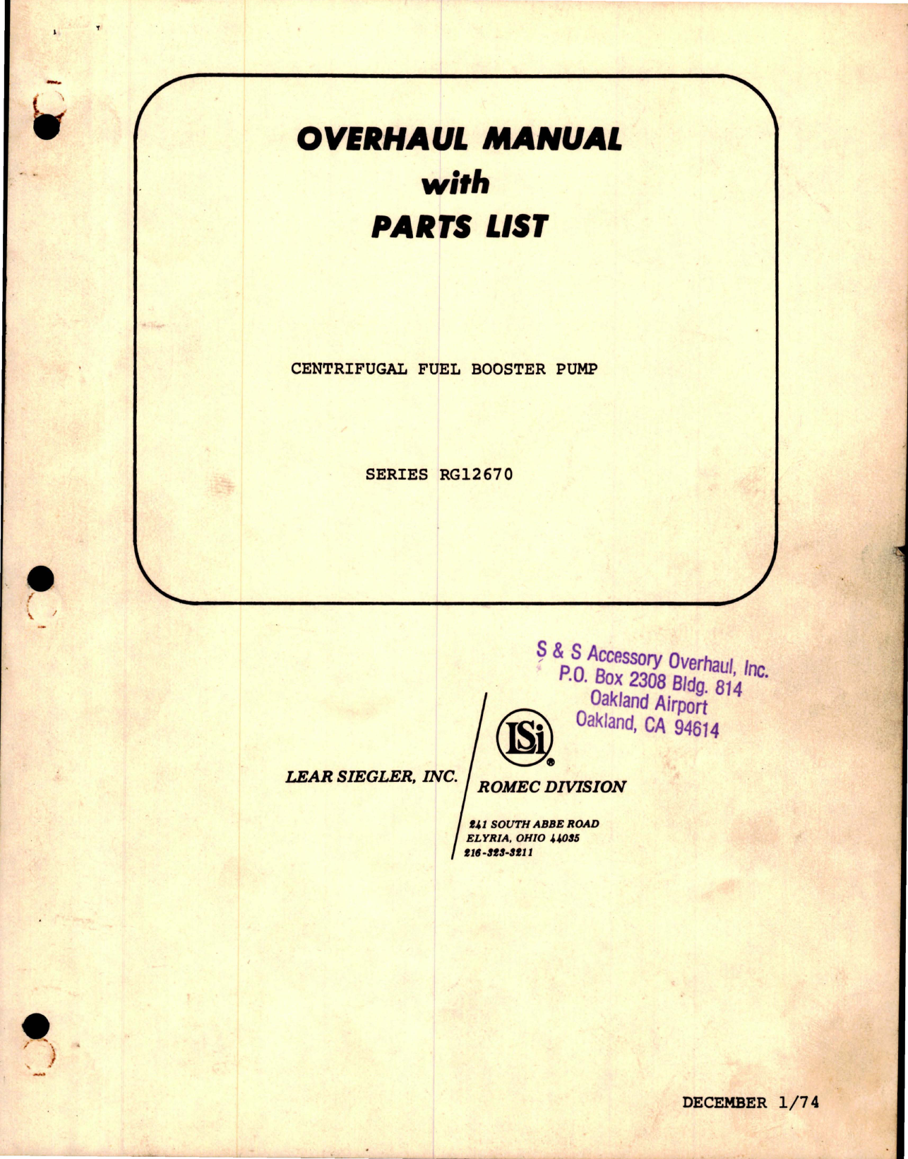 Sample page 1 from AirCorps Library document: Overhaul Manual with Parts List for Centrifugal Fuel Booster Pump - Series RG12670 