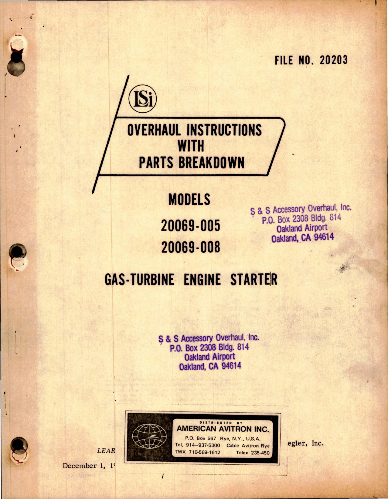Sample page 1 from AirCorps Library document: Overhaul Instructions with Parts Breakdown for Gas-Turbine Engine Starter - Models 20069-005, 20069-008 