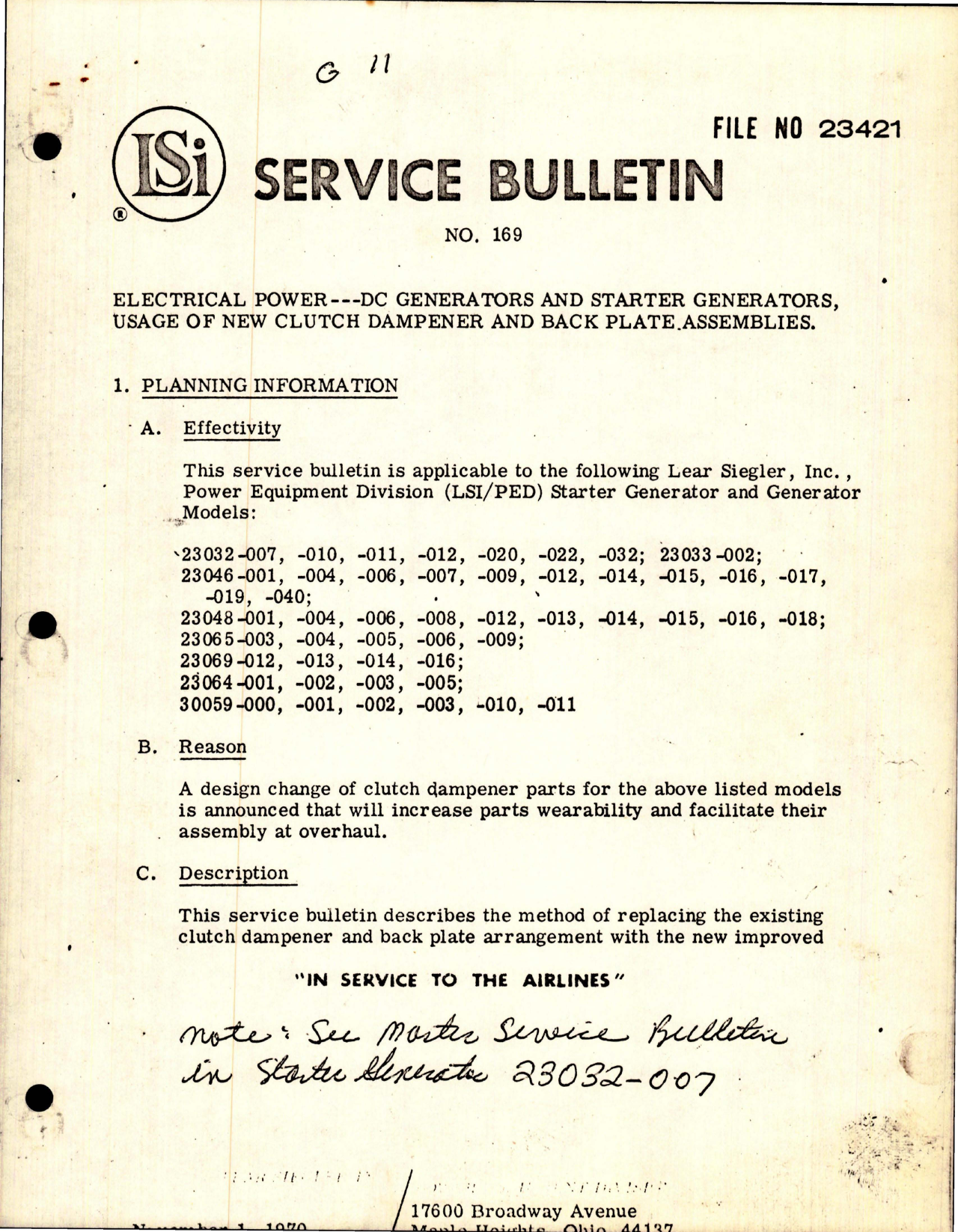 Sample page 1 from AirCorps Library document: Service Bulletin No. 169 for DC Generators and DC Starter Generators - Usage of New Clutch Dampener and Back Plate Assemblies
