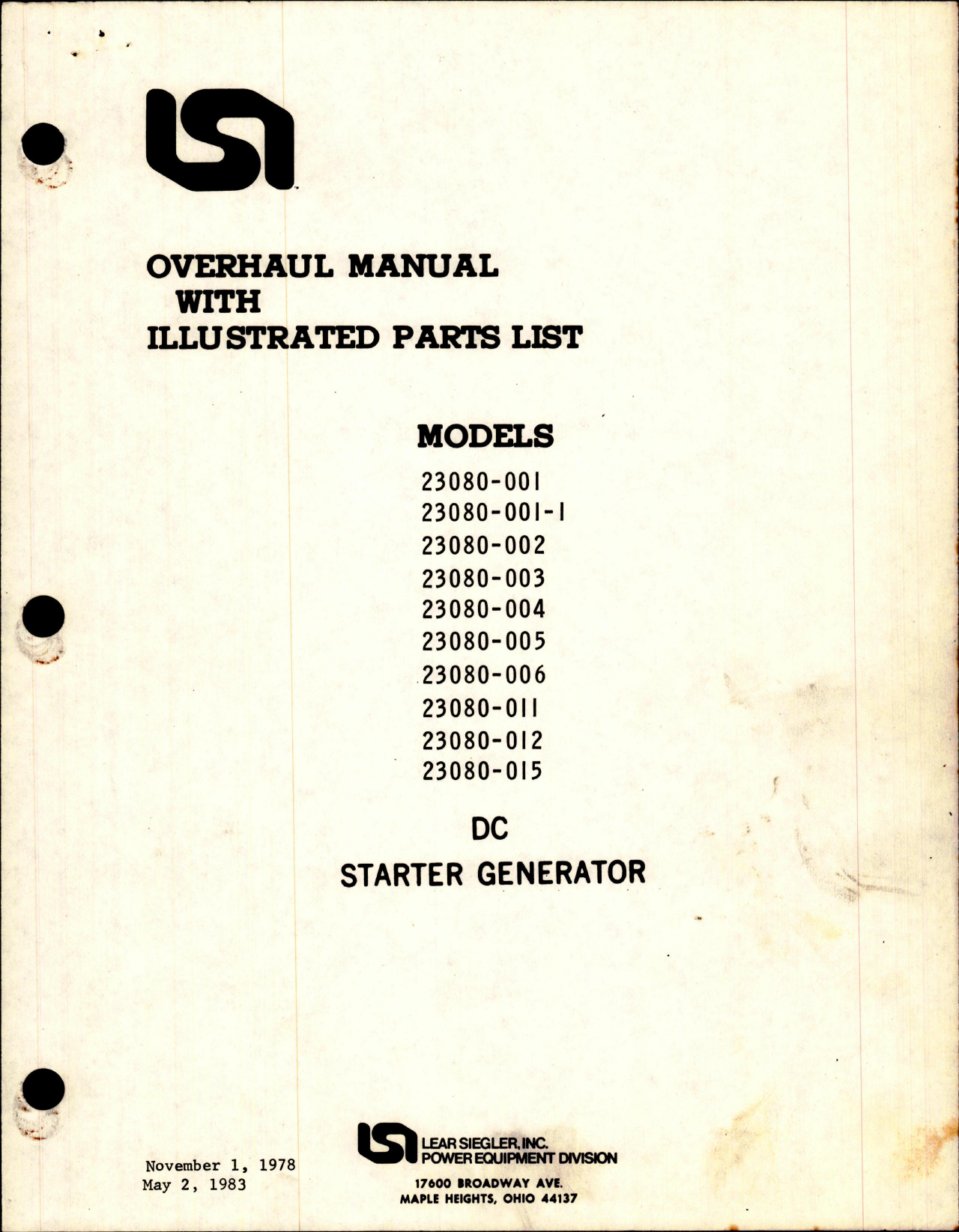 Sample page 1 from AirCorps Library document: Overhaul Manual with Illustrated Parts List for DC Starter Generator - Part 23080 Series