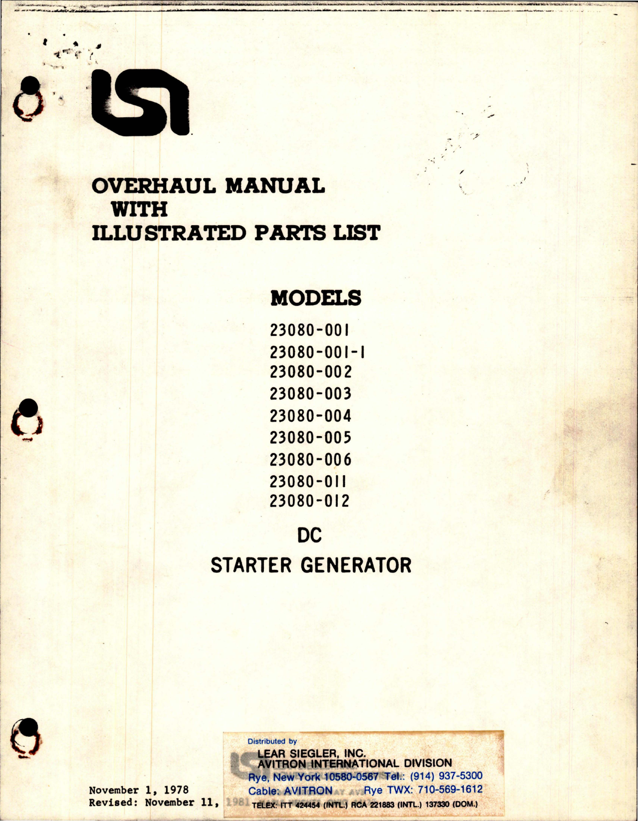 Sample page 1 from AirCorps Library document: Overhaul Manual with Illustrated Parts List for DC Starter Generator - Model 23080 Series