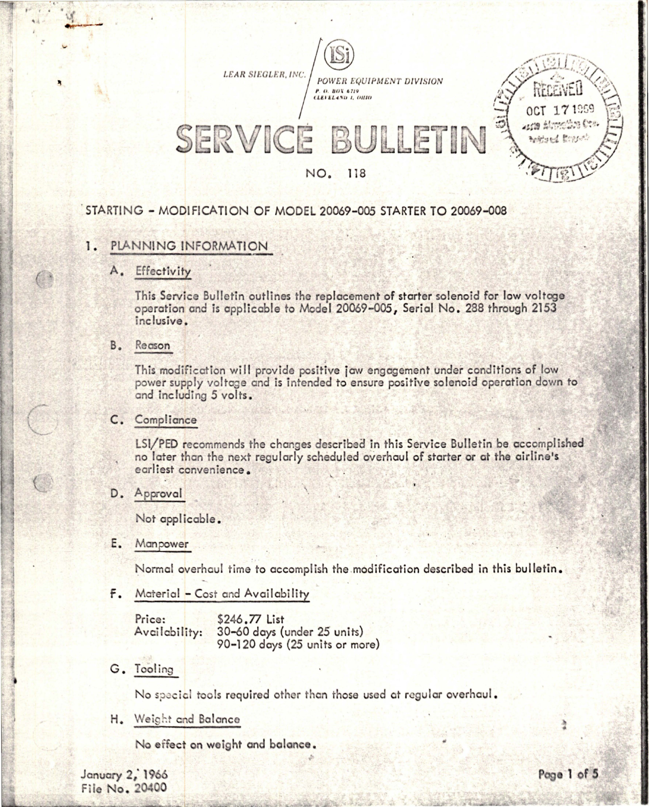 Sample page 1 from AirCorps Library document: Service Bulletin No. 118 for Starter Modification - Model 20069-005 and 20069-008