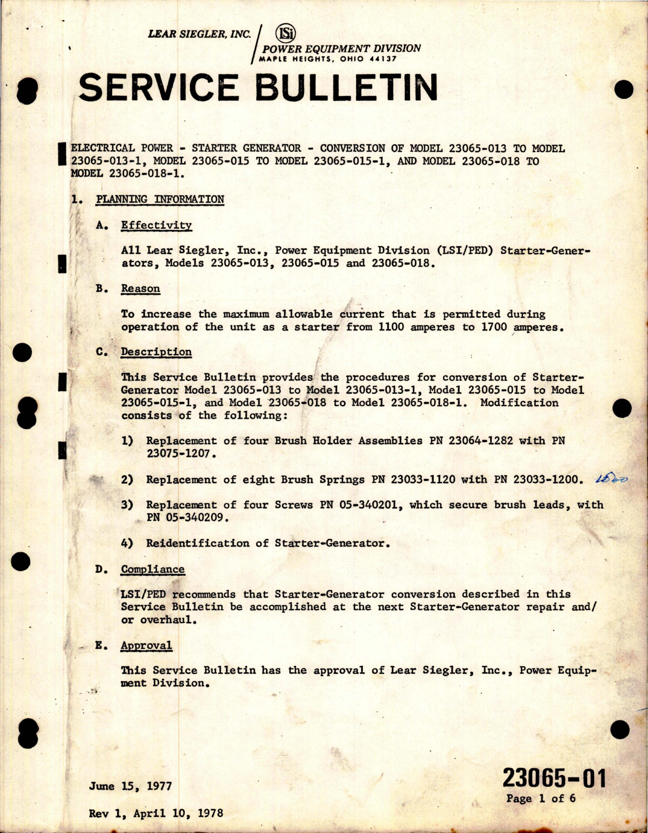 Sample page 1 from AirCorps Library document: Service Bulletin for Starter Generator - Revision 1