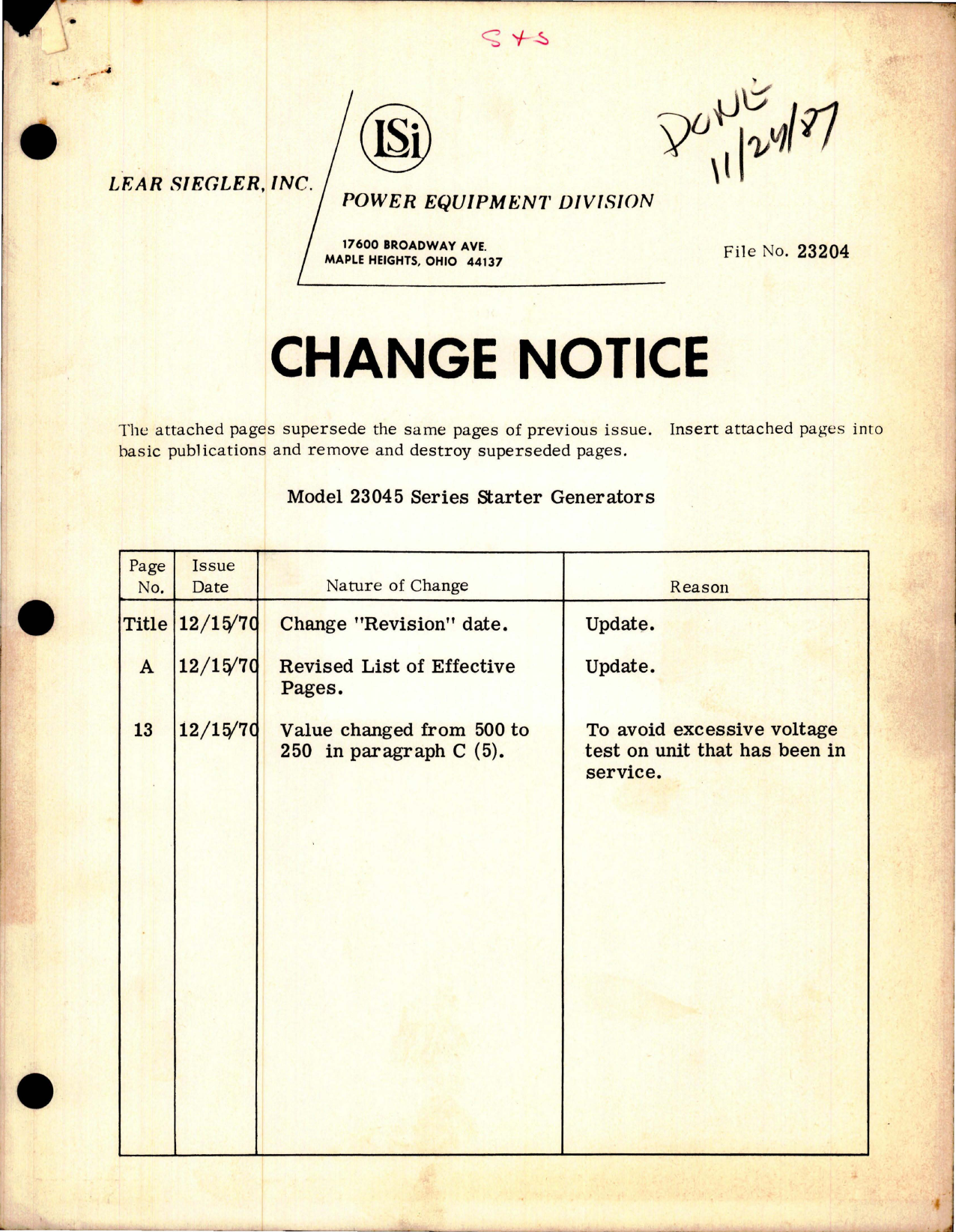 Sample page 1 from AirCorps Library document: Change Notice for Starter Generators - Model 23045 Series