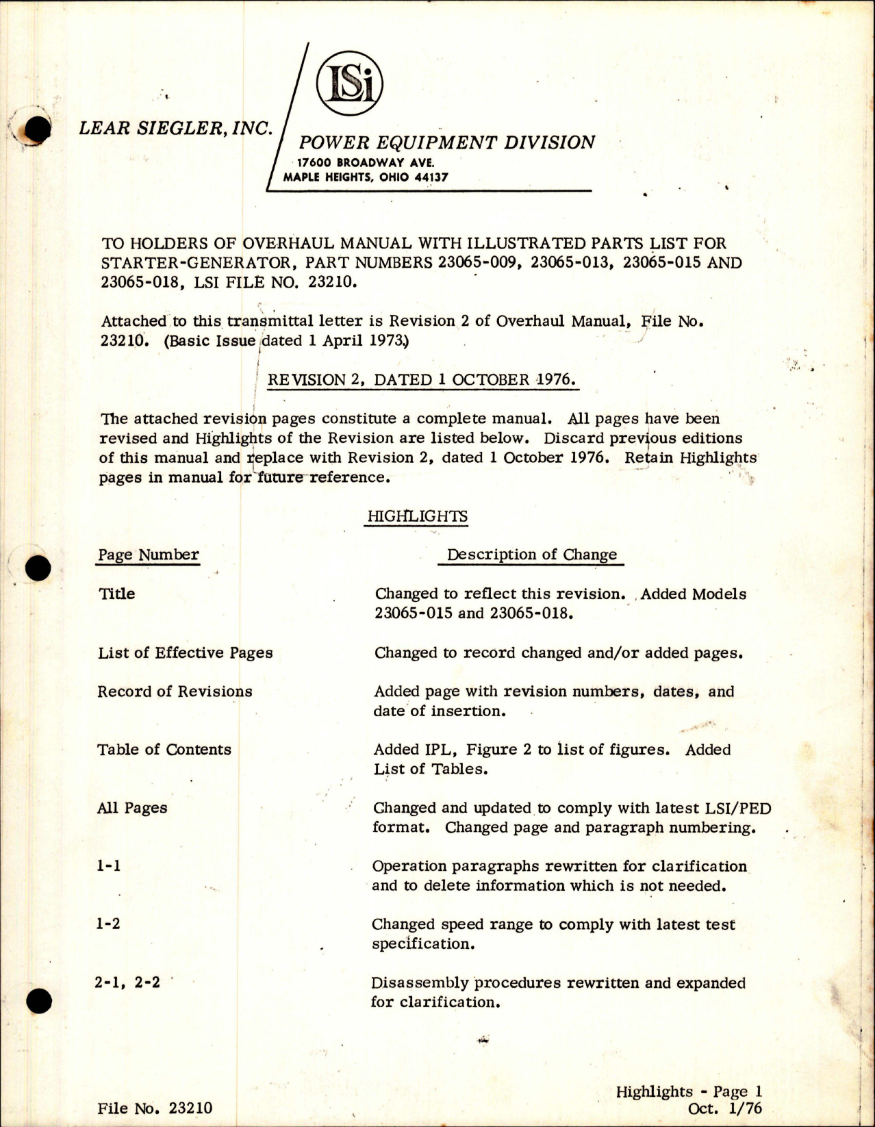 Sample page 1 from AirCorps Library document: Overhaul Manual with Illustrated Parts List for Starter Generator - Revision 2 