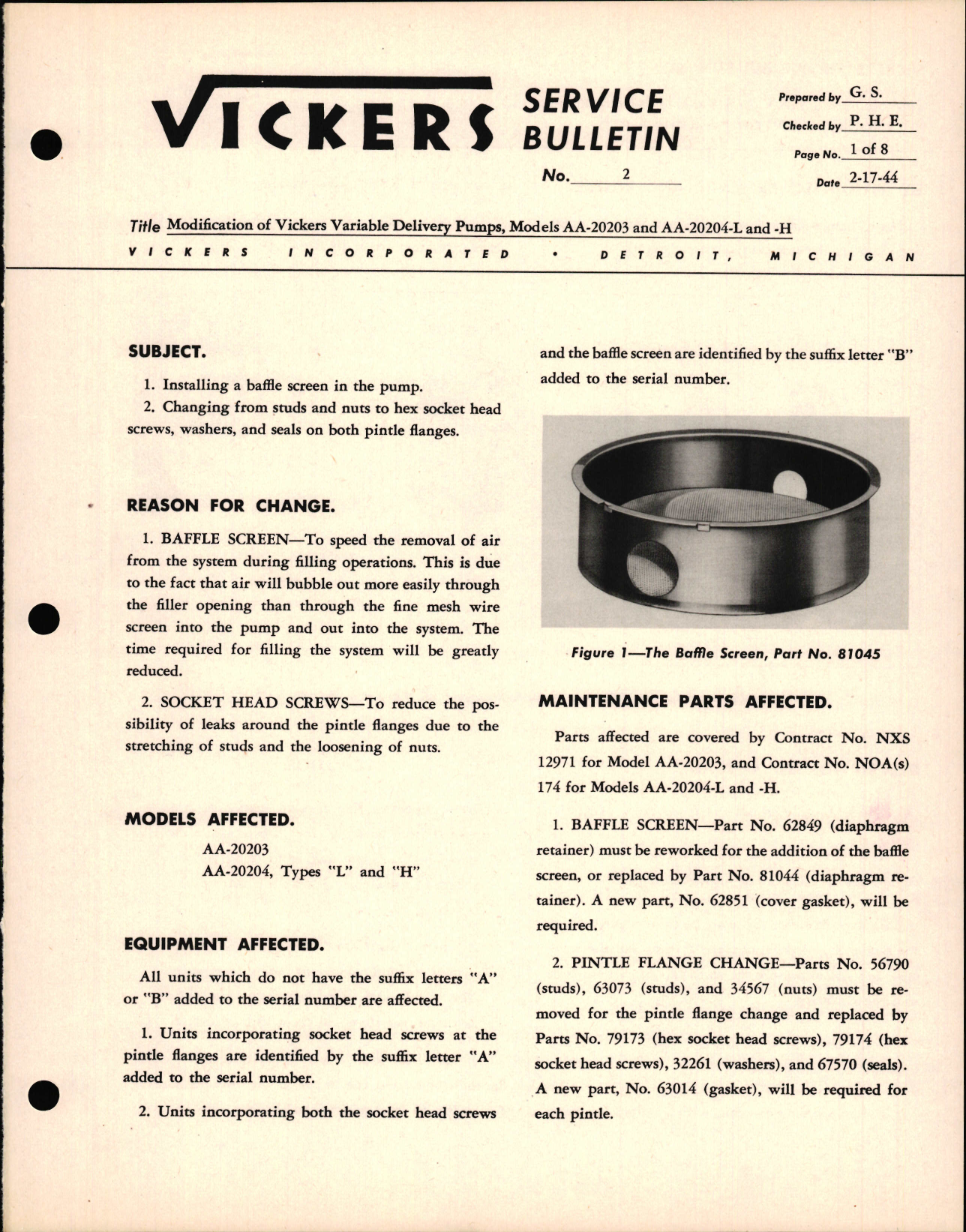 Sample page 1 from AirCorps Library document: Modification of Vickers Variable Delivery Pumps, Models AA-20203 and AA-20204-L and -H