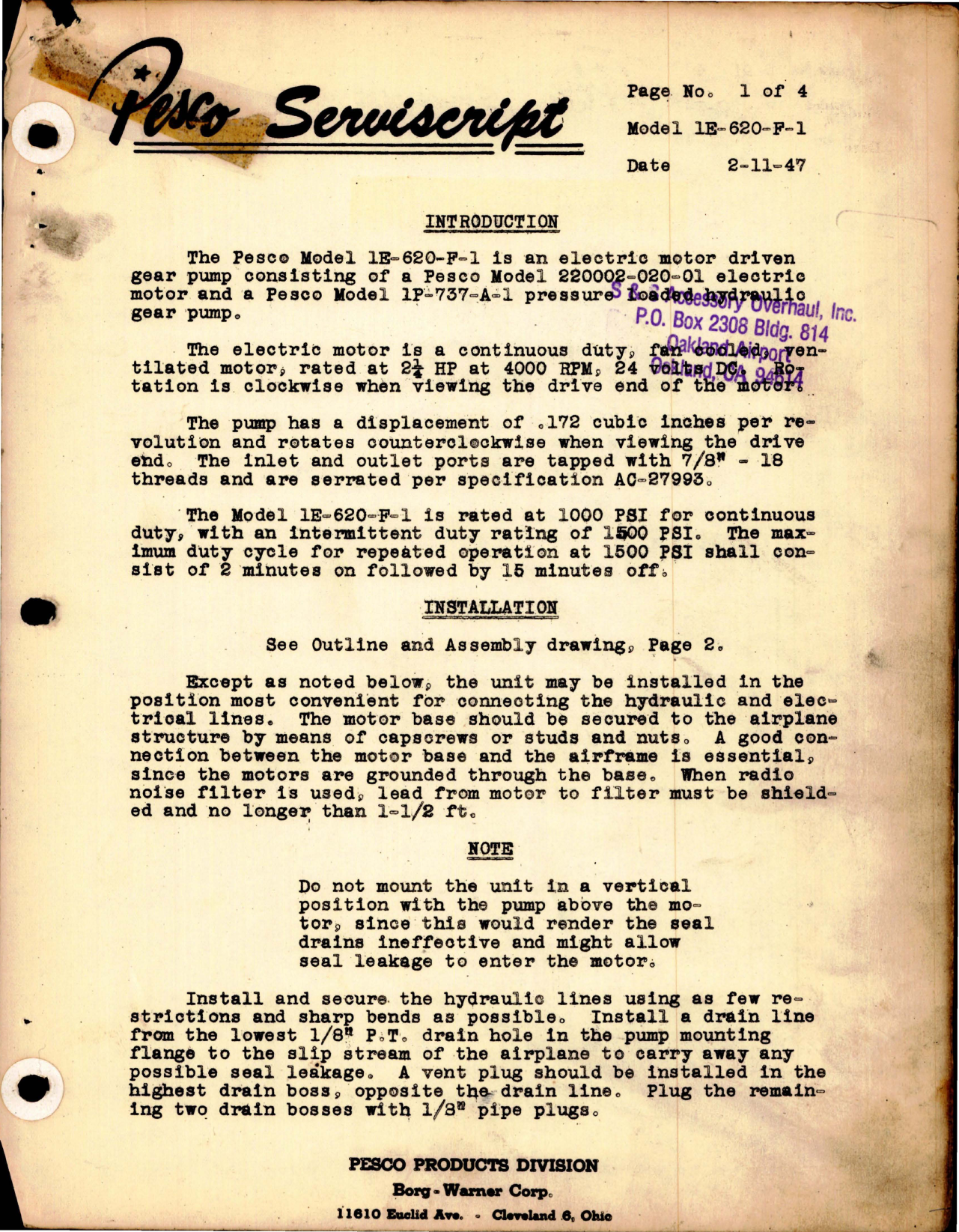 Sample page 1 from AirCorps Library document: Installation, Service and Maintenance for Electric Motor Driven Hydraulic Gear Pump Model 1E-620-F-1 