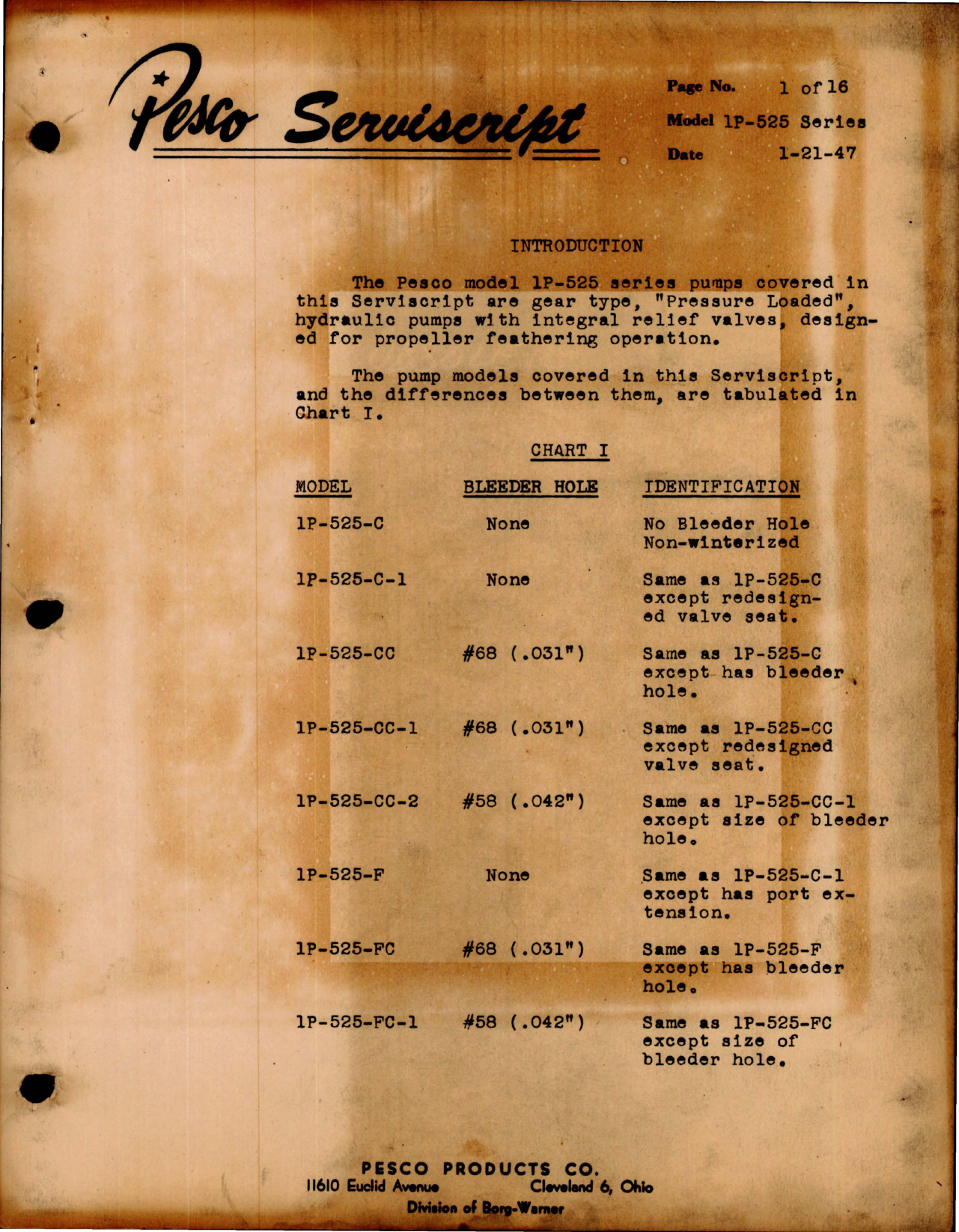 Sample page 1 from AirCorps Library document: Service and Maintenance for Pressure Loaded Hydraulic Pump - Model 1P-525 Series