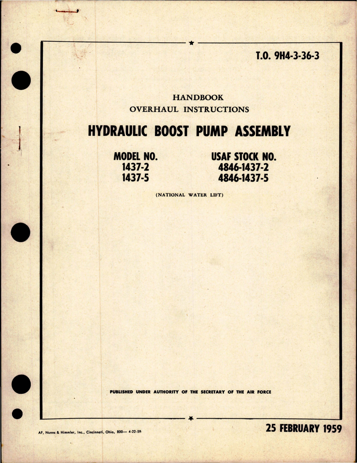 Sample page 1 from AirCorps Library document: Overhaul Instructions for Hydraulic Boost Pump Assembly - Models 1437-2 and 1437-5