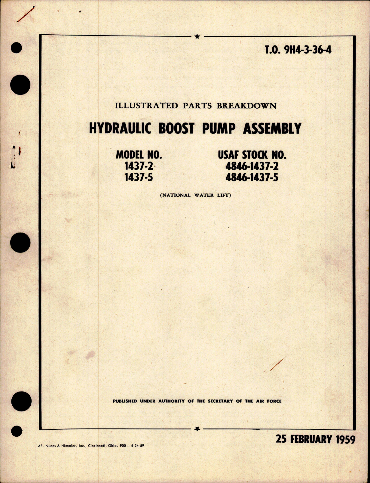 Sample page 1 from AirCorps Library document: Illustrated Parts Breakdown for Hydraulic Boost Pump Assembly - Models 1437-2 and 1437-5