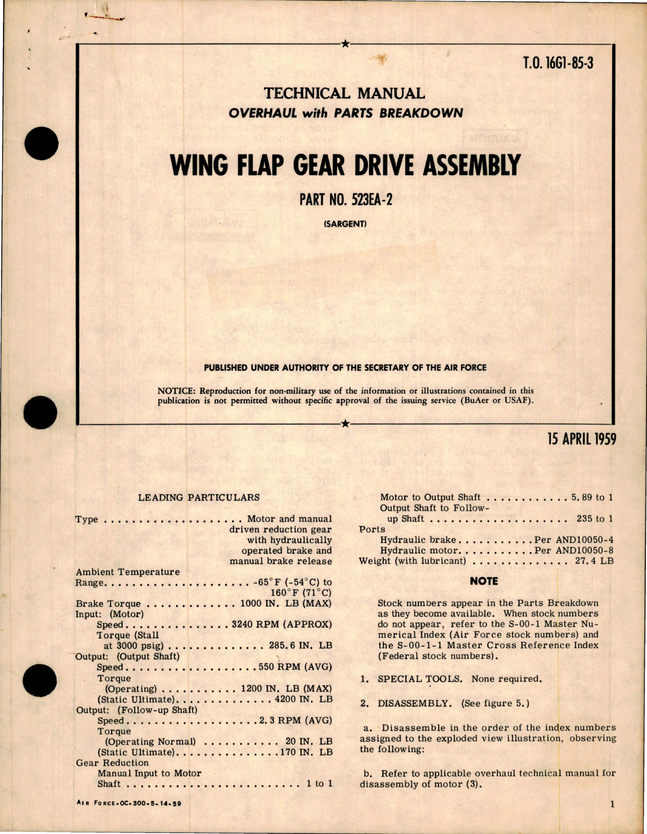 Sample page 1 from AirCorps Library document: Overhaul with Parts Breakdown for Wing Flap Gear Drive Assembly - Part 523EA-2 