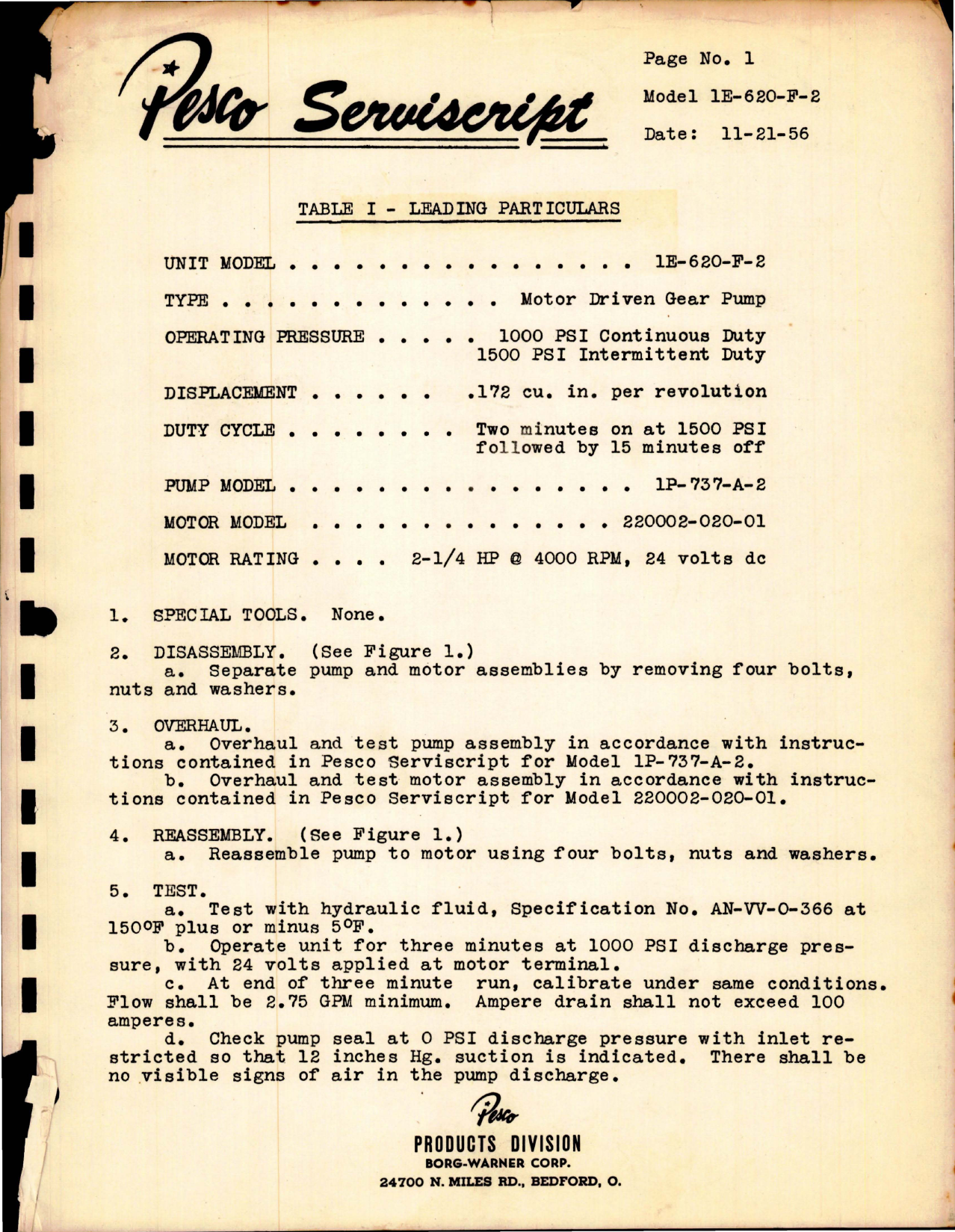 Sample page 1 from AirCorps Library document: Leading Particulars for Motor Driven Gear Pump - Model 1E-620-F-2 