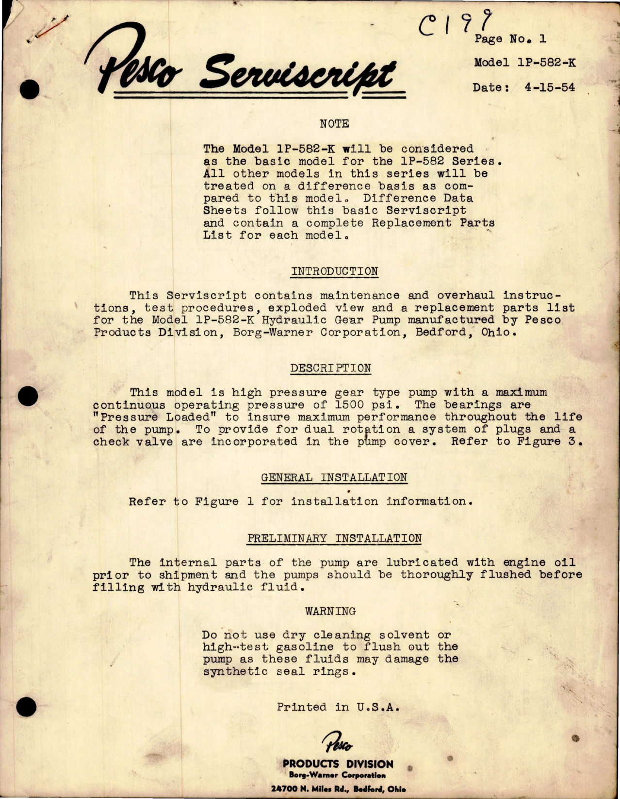 Sample page 1 from AirCorps Library document: Maintenance and Overhaul Instructions with Parts for Hydraulic Gear Pump - Model 1P-582-K