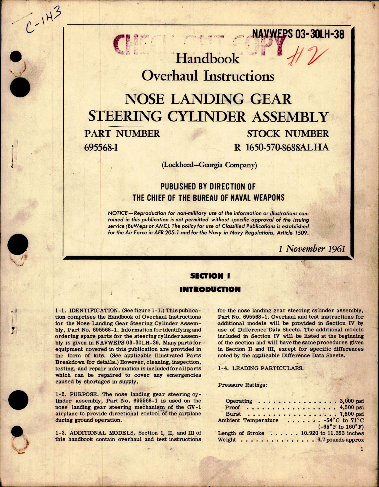 Sample page 1 from AirCorps Library document: Overhaul Instructions for Nose Landing Gear - Steering Cylinder Assembly - Part 695568-1