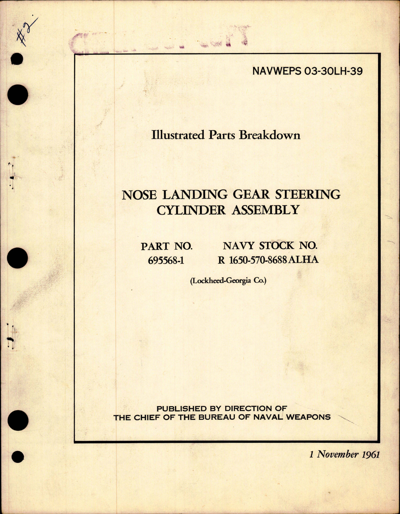 Sample page 1 from AirCorps Library document: Illustrated Parts Breakdown for Nose Landing Gear Steering Cylinder Assembly - PART 695568-1