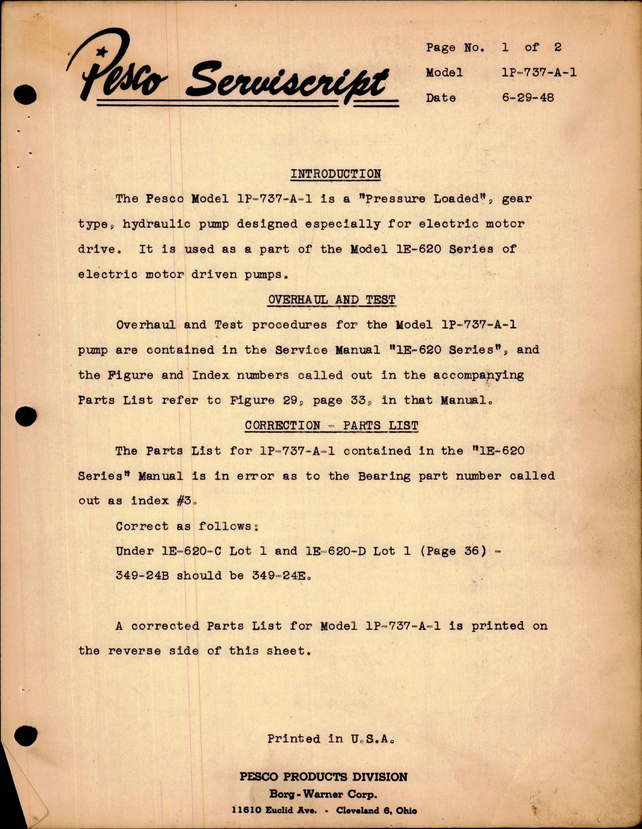 Sample page 1 from AirCorps Library document: Overhaul Instructions for Pressure Loaded, Gear Type Hydraulic Pump - Model 1P-737-A-1