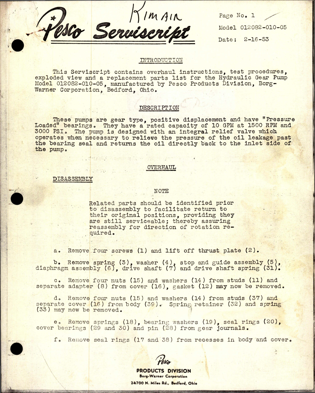 Sample page 1 from AirCorps Library document: Overhaul Instructions with Parts for Hydraulic Gear Pump - Model 012082-010-05