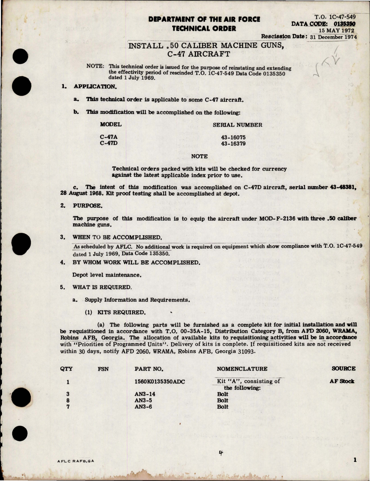 Sample page 1 from AirCorps Library document: Install for .50 Caliber Machine Guns for C-47