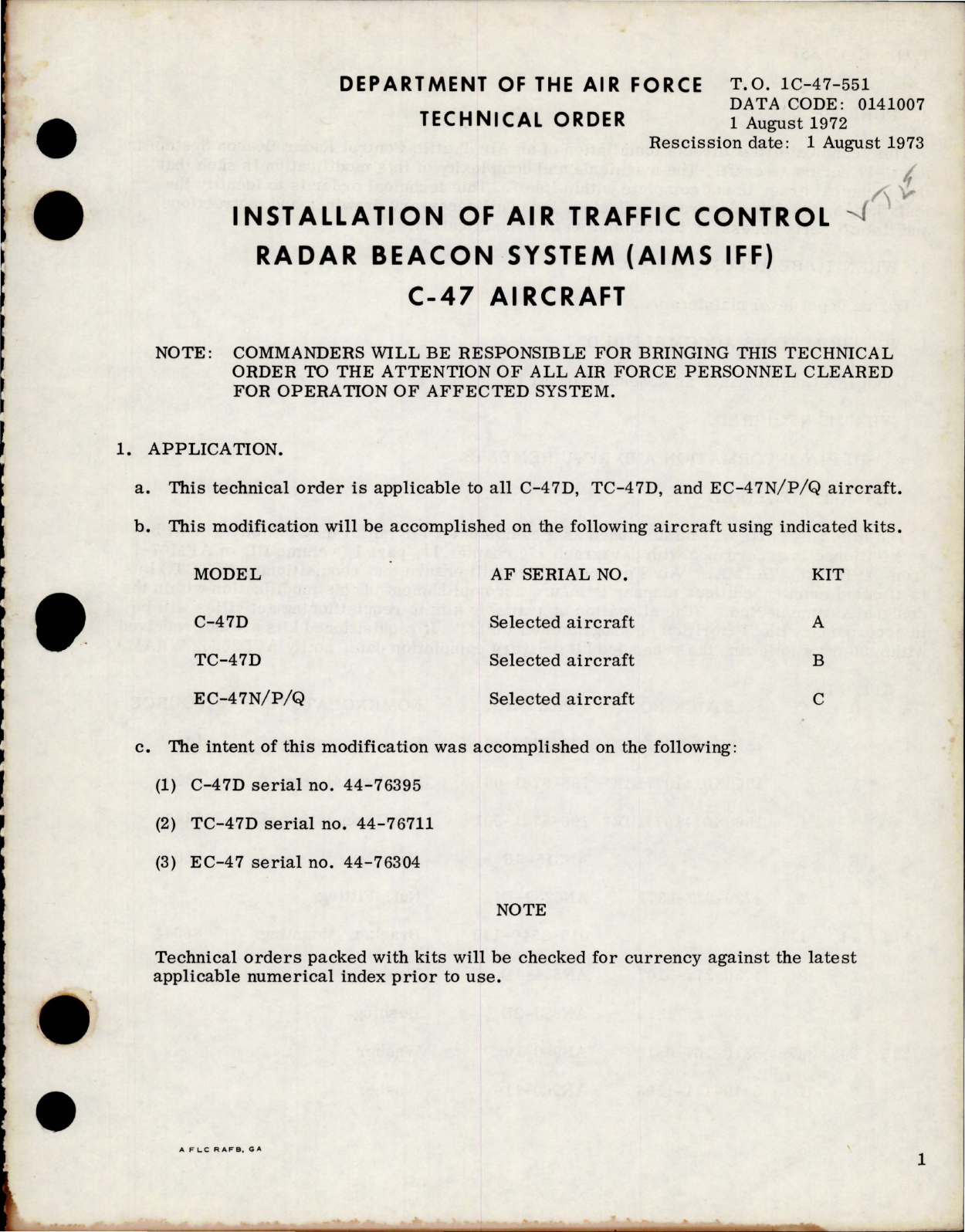 Sample page 1 from AirCorps Library document: Installation of Air Traffic Control Radar Beacon System (Aims IFF) for C-47