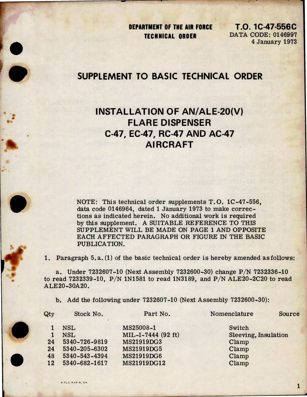 Sample page 1 from AirCorps Library document: Supplement to Basic Tech Order for Installation of AN/ALE-20(V) Flare Dispenser for C-47, EC-47, RC-47 and AC-47