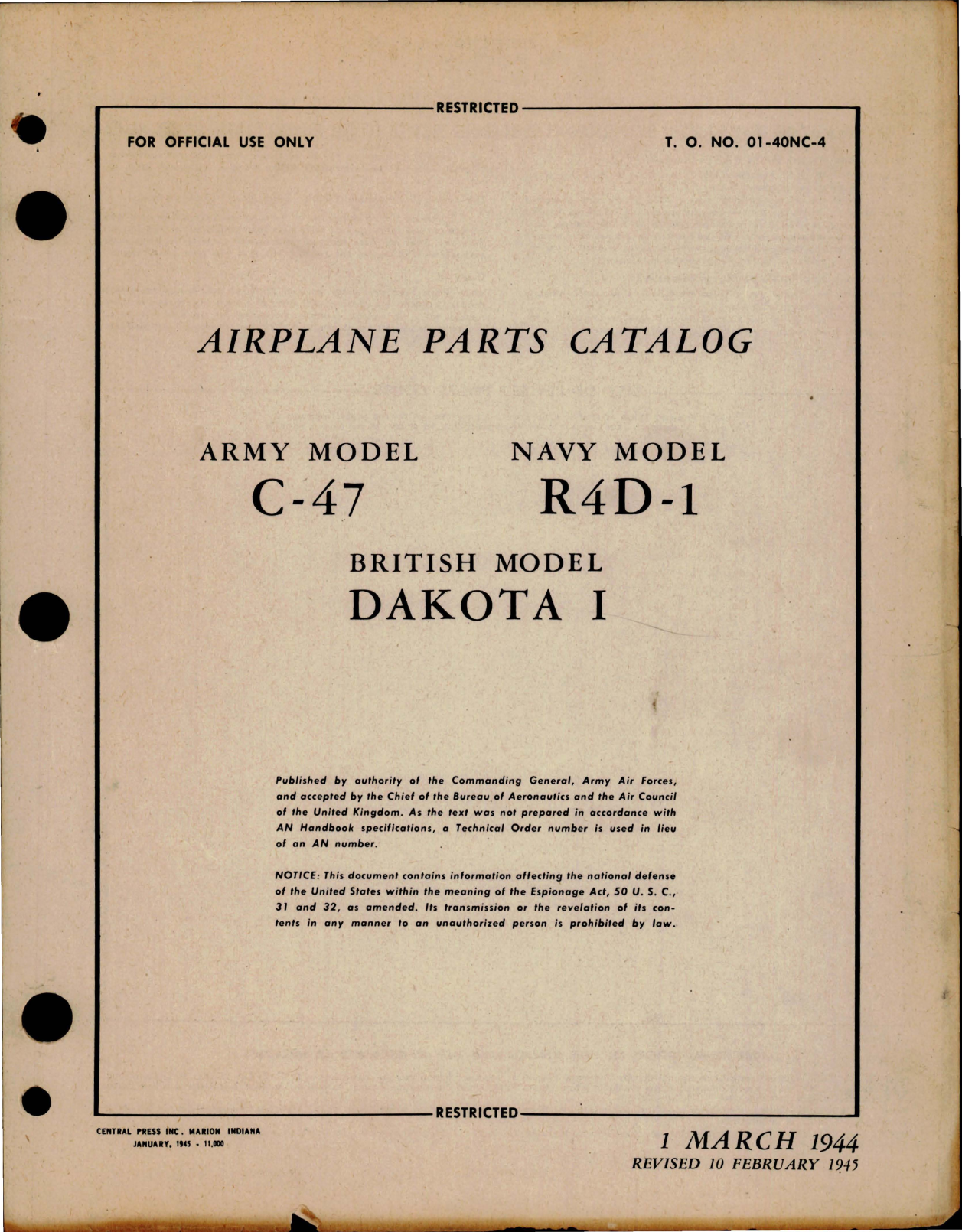Sample page 1 from AirCorps Library document: Parts Catalog for Models C-47, R4D-1 and Dakota 1