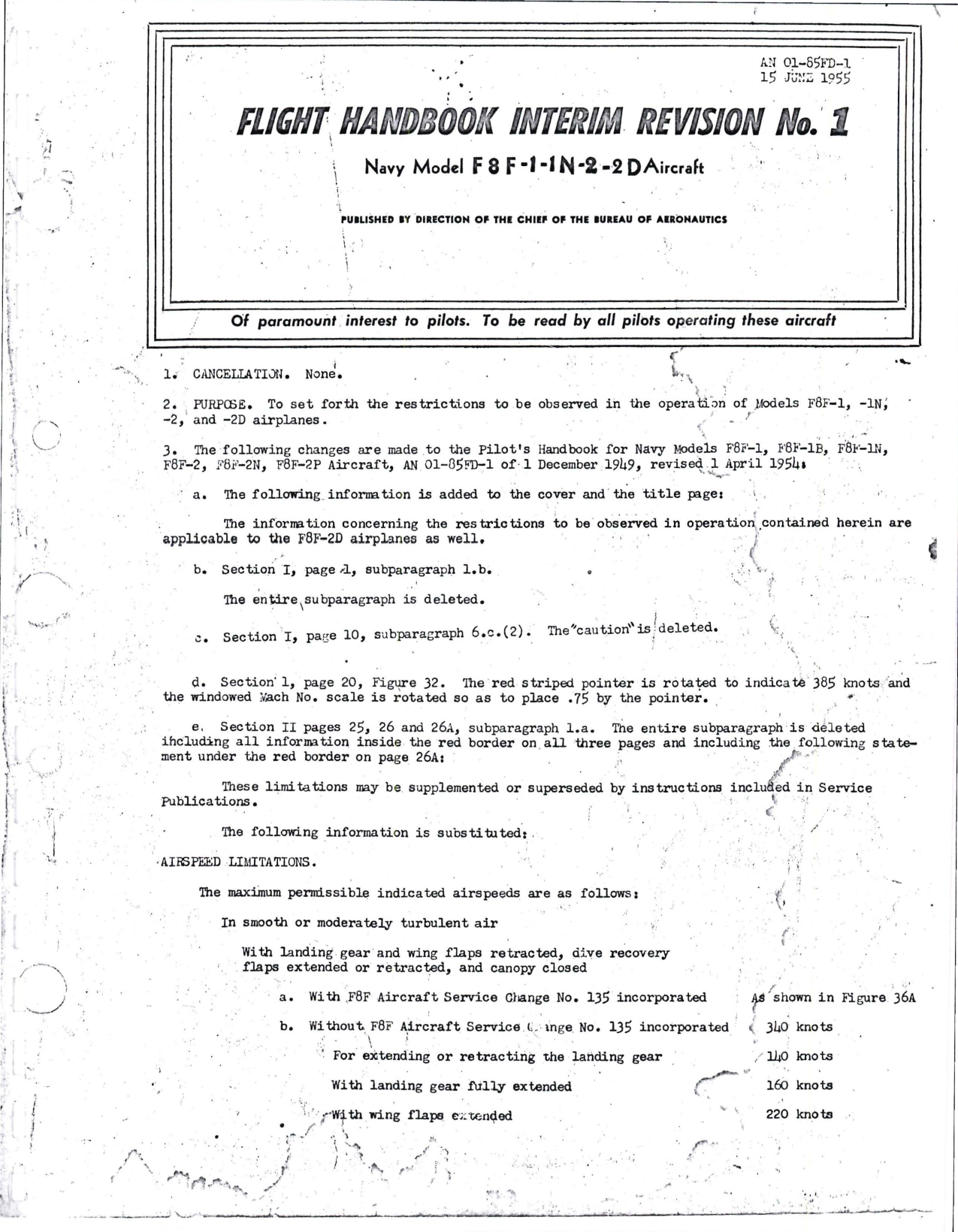 Sample page 1 from AirCorps Library document: Flight Handbook Interim Revision No. 1 for F8F-1, F8F-1N, F8F-2, F8F-2D