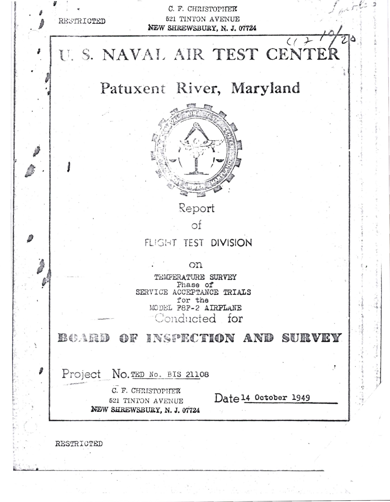 Sample page 1 from AirCorps Library document: Report of Flight Test Divsion on Temperature Survey Phase of Service Acceptance Trials for F8F-2