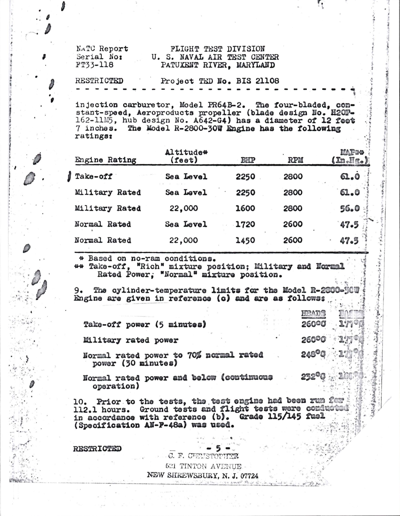 Sample page 5 from AirCorps Library document: Report of Flight Test Divsion on Temperature Survey Phase of Service Acceptance Trials for F8F-2