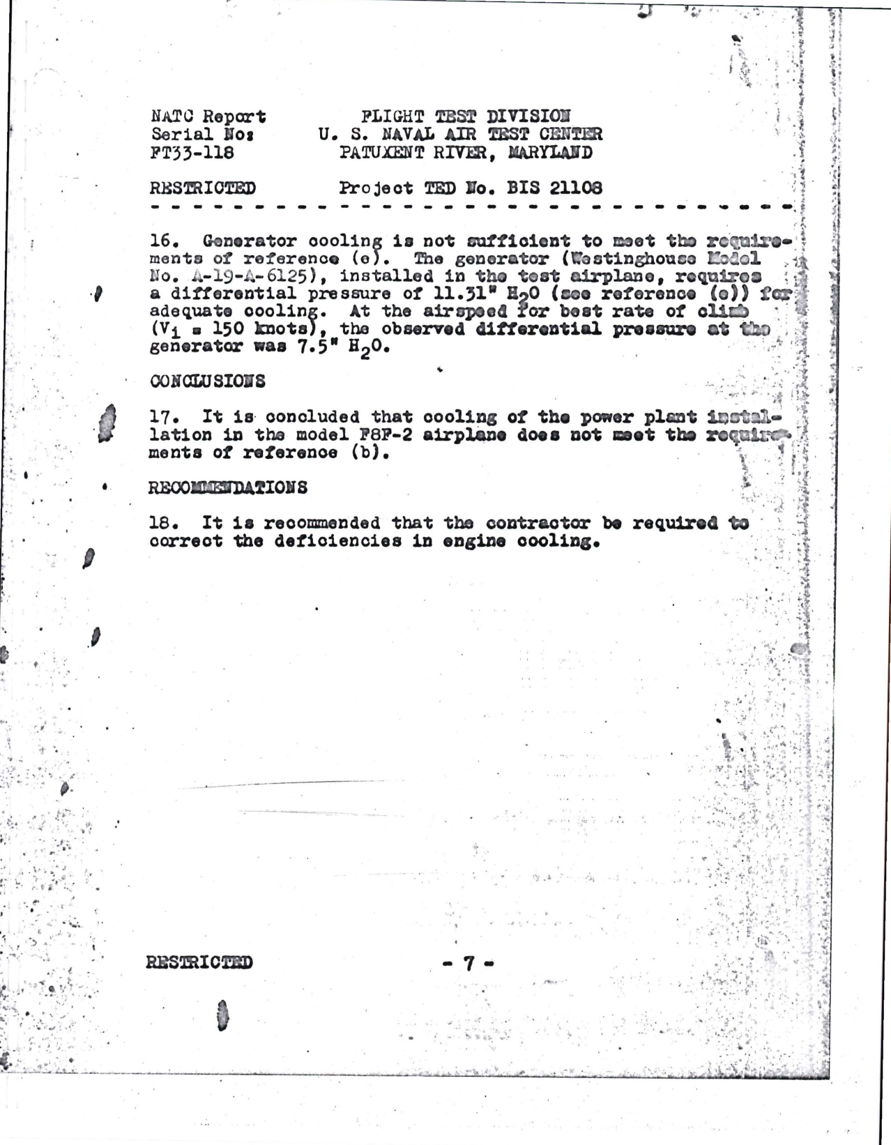 Sample page 7 from AirCorps Library document: Report of Flight Test Divsion on Temperature Survey Phase of Service Acceptance Trials for F8F-2