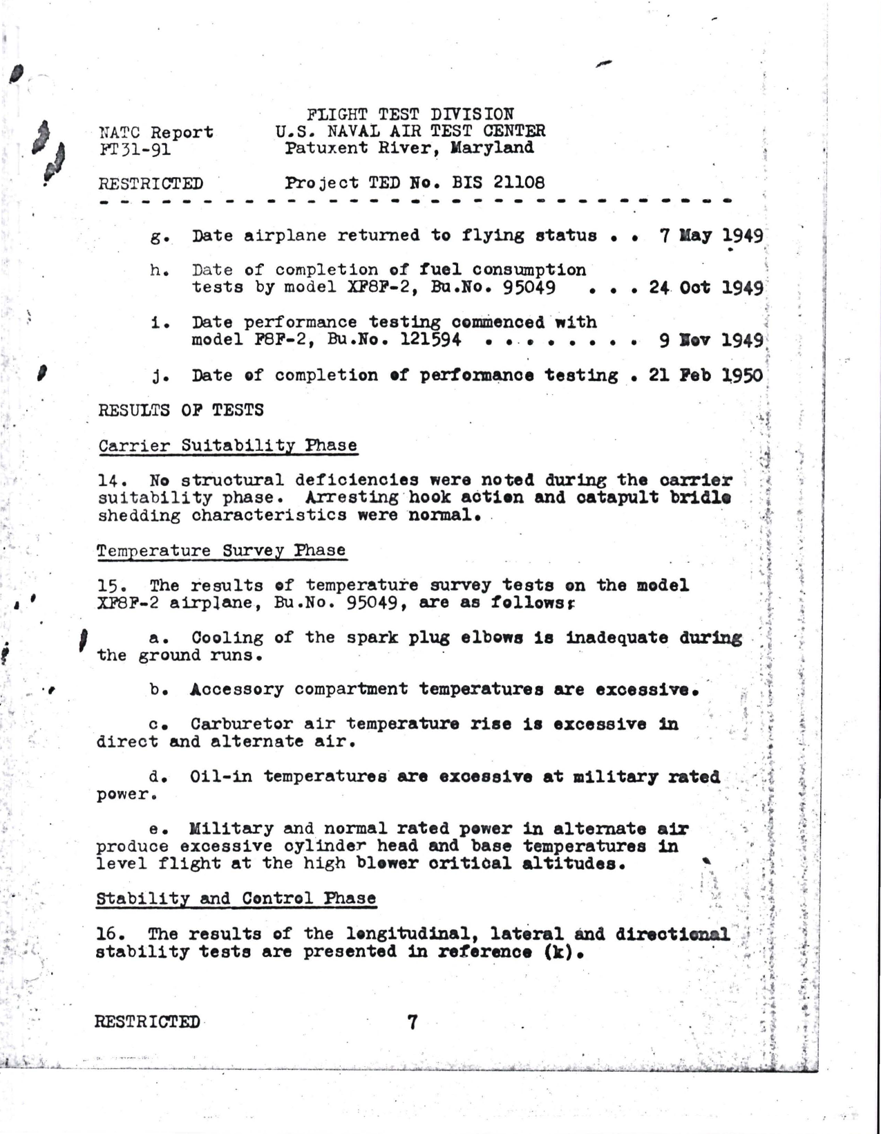 Sample page 7 from AirCorps Library document: Report of Flight Test Division - Service Acceptance Trials Final Report on F8F-2