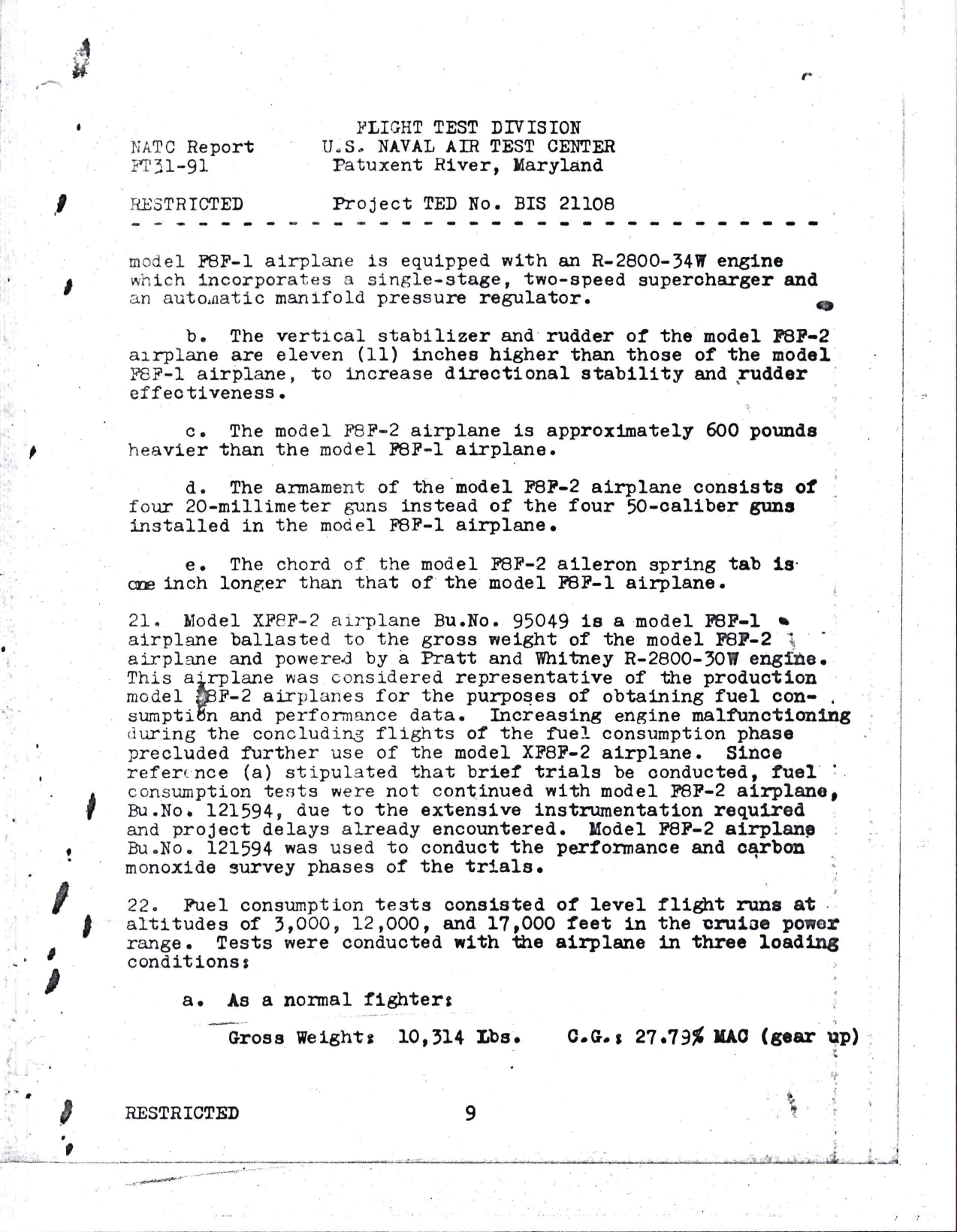 Sample page 9 from AirCorps Library document: Report of Flight Test Division - Service Acceptance Trials Final Report on F8F-2