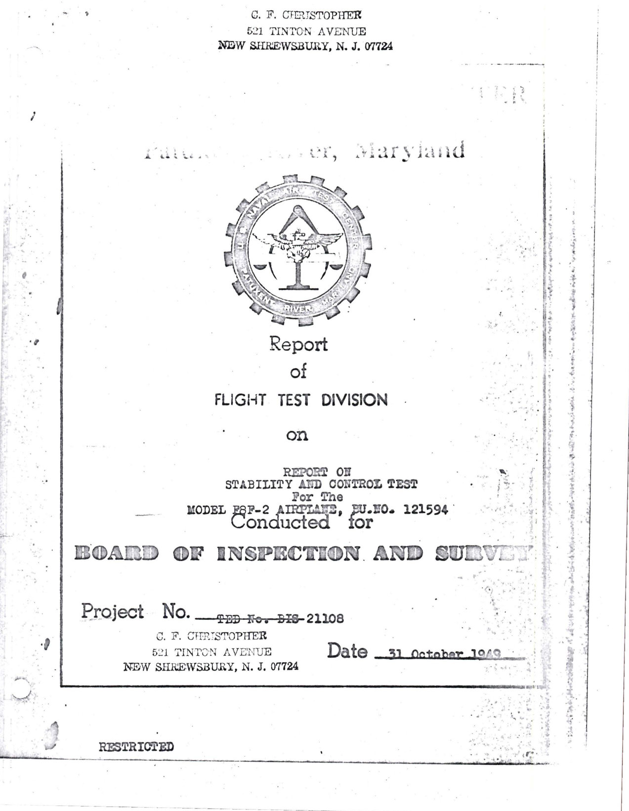 Sample page 1 from AirCorps Library document: Report on Stability and Control Test for on F8F-2 (BU No. 121594) 