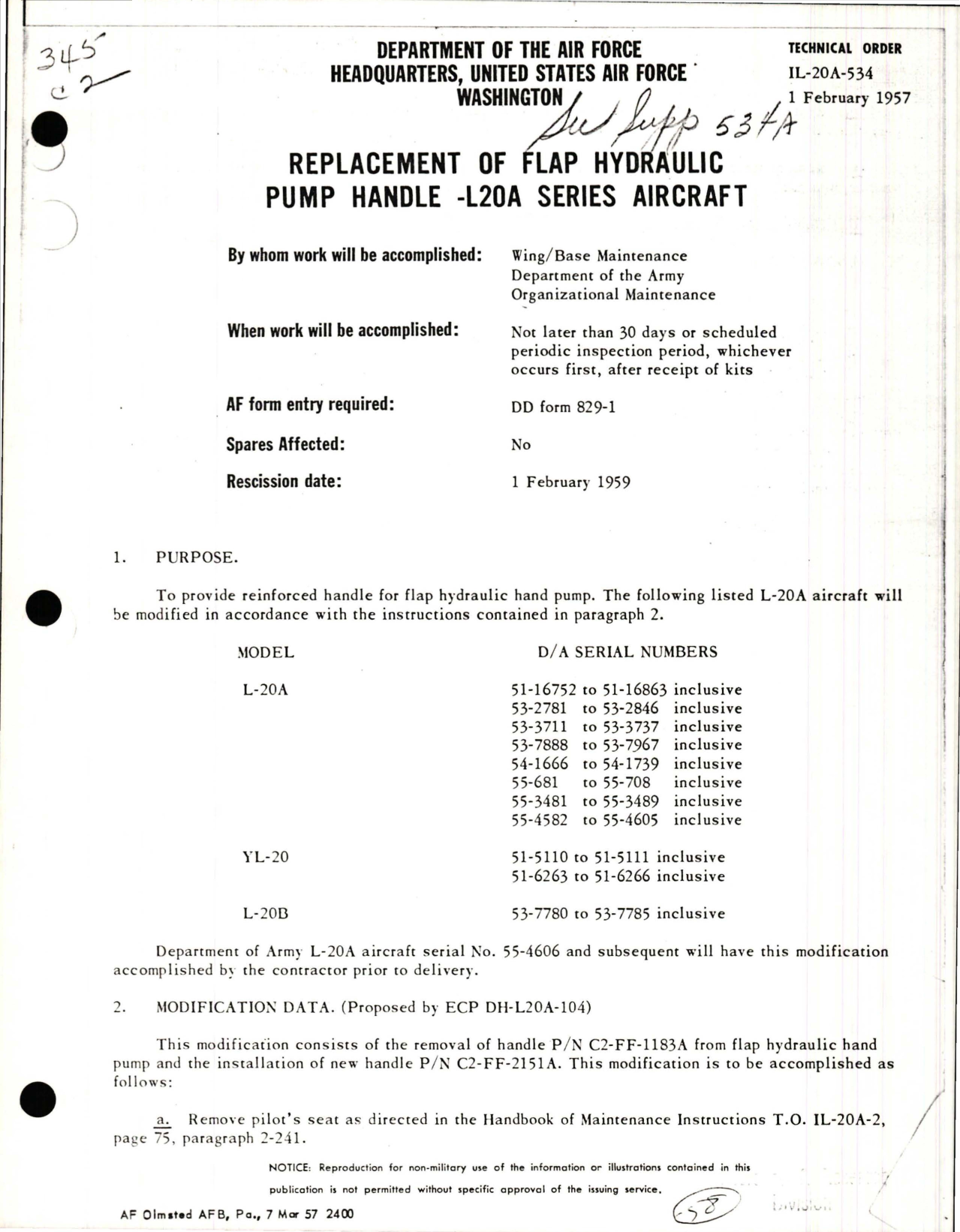 Sample page 1 from AirCorps Library document: Replacement of Flap Hydraulic Pump Handle - L-20A Series