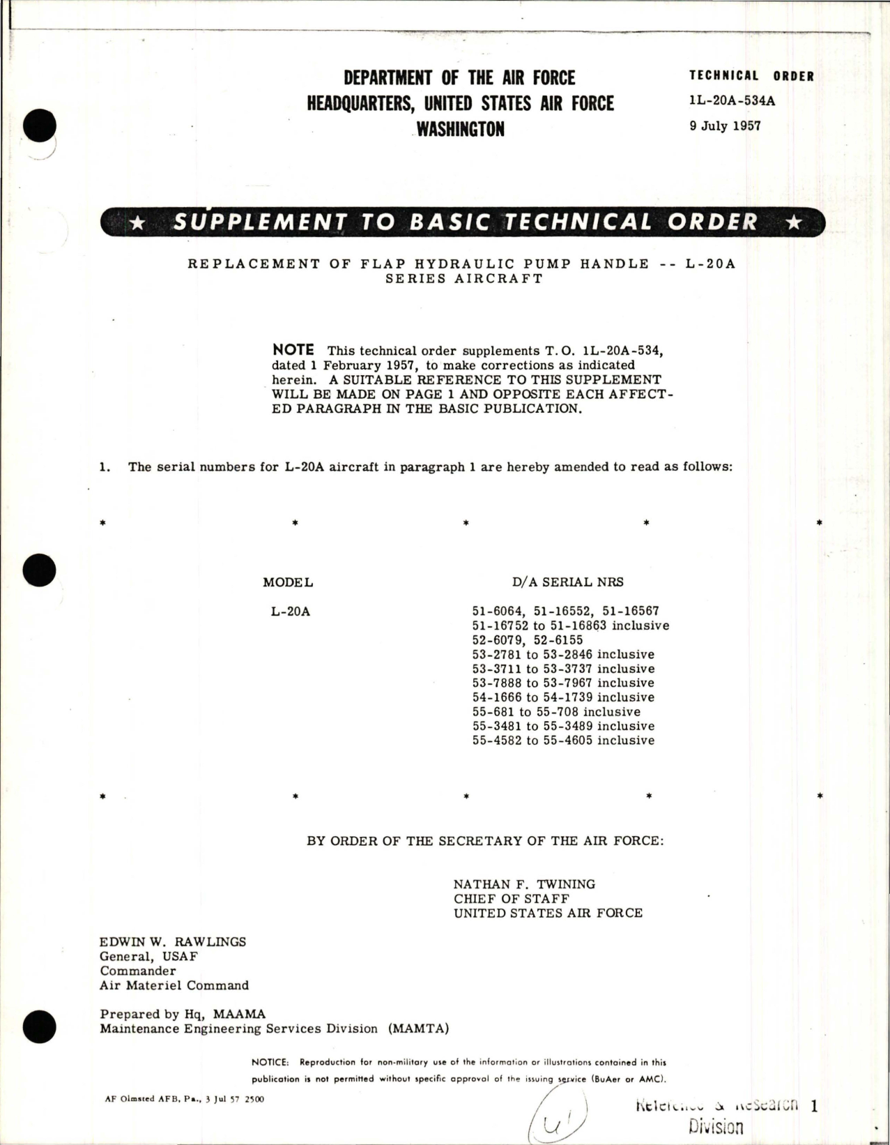 Sample page 1 from AirCorps Library document: Supplement to Replacement of Flap Hydraulic Pump Handle - L-20A Series