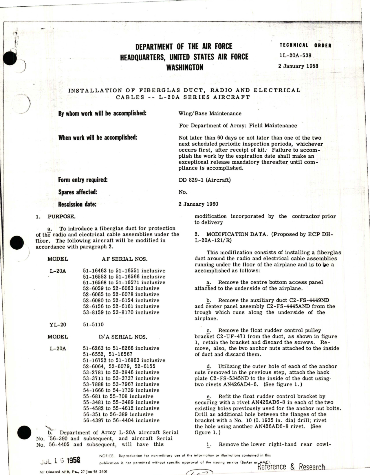 Sample page 1 from AirCorps Library document: Installation of Fiberglas Duct, Radio and & Electrical Cables - L-20A Series
