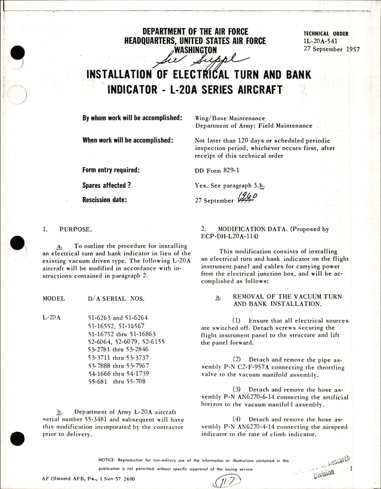 Sample page 1 from AirCorps Library document: Installation of Electrical Turn and Bank Indicator - L-20A Series