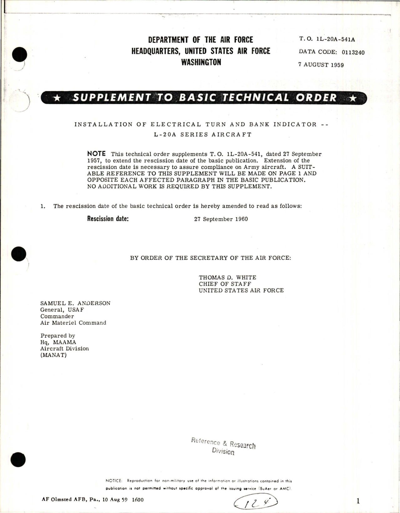 Sample page 1 from AirCorps Library document: Supplement to Installation of Electrical Turn and Bank Indicator - L-20A Series