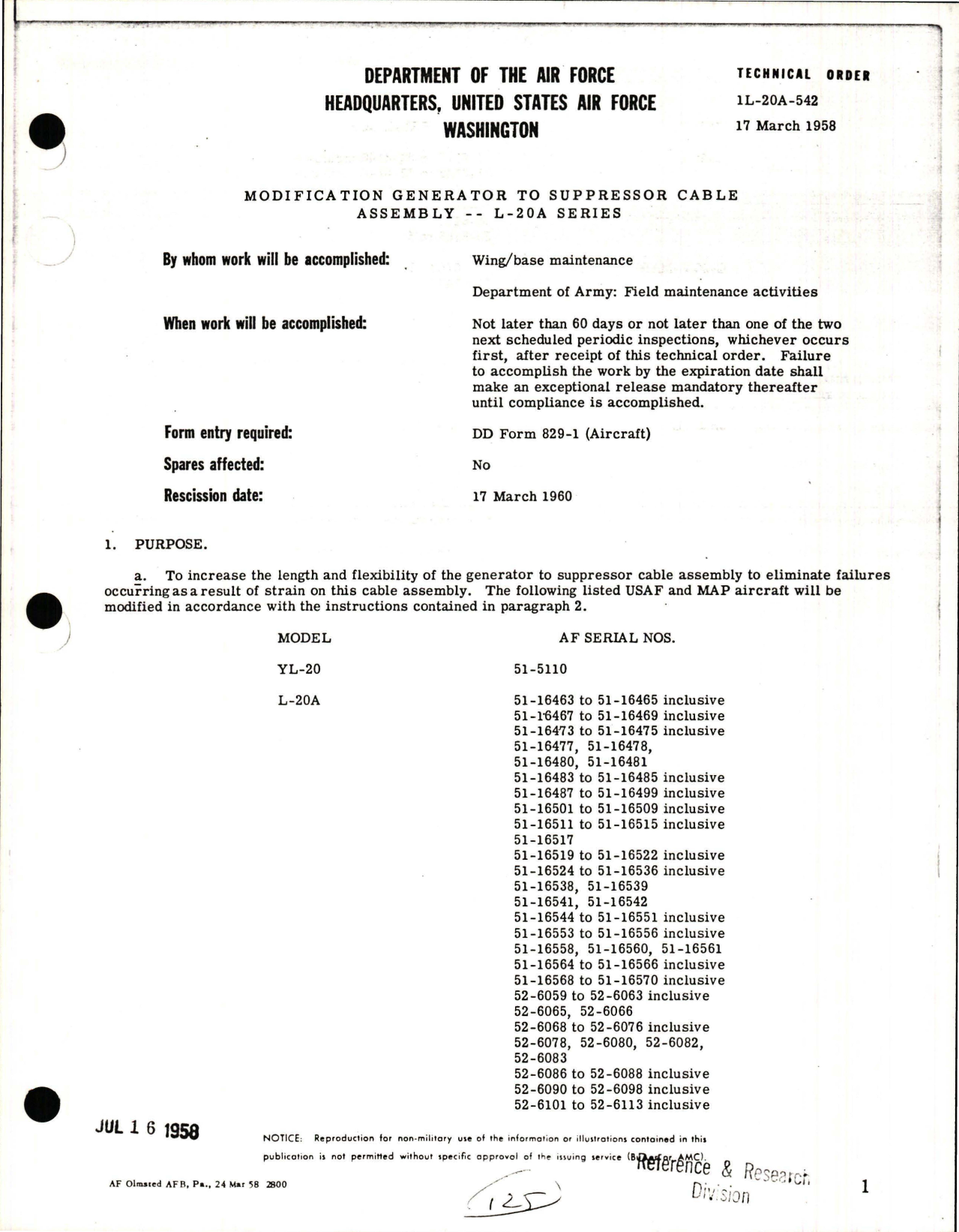 Sample page 1 from AirCorps Library document: Modification Generator to Suppressor Cable Assembly - L-20A Series
