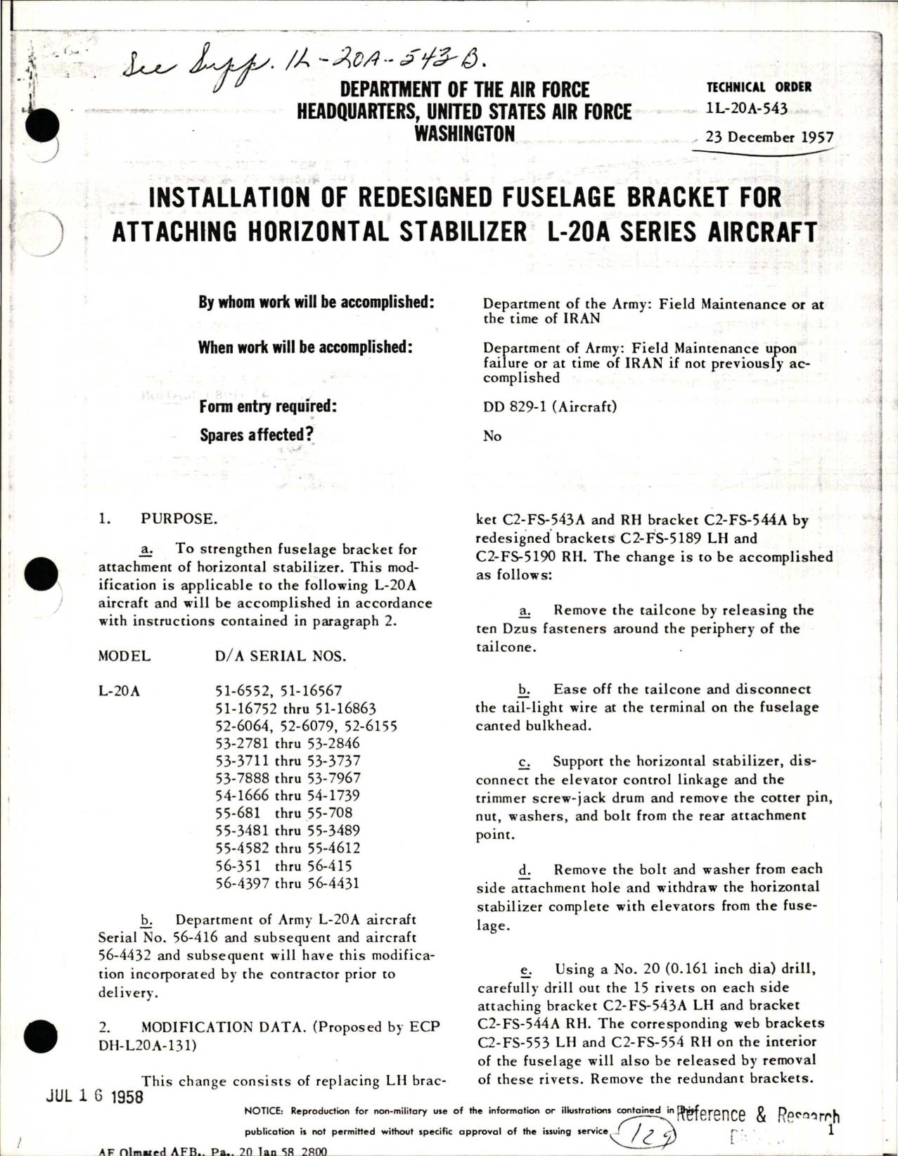 Sample page 1 from AirCorps Library document: Installation of Redesigned Fuselage Bracket for Attaching Horizontal Stabilizer - L-20A Series