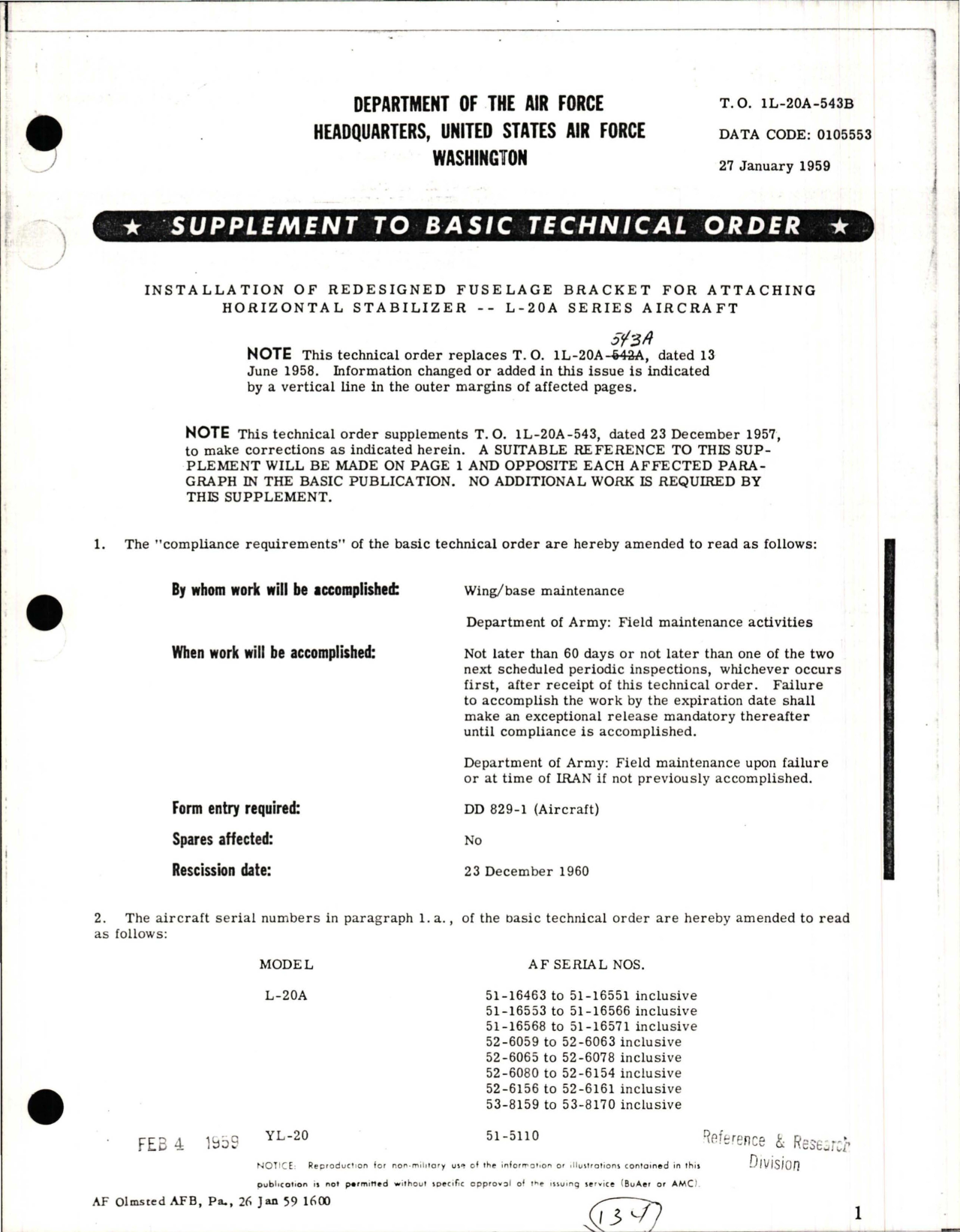 Sample page 1 from AirCorps Library document: Supplement to Installation of Redesigned Fuselage Bracket for Attaching Horizontal Stabilizer - L-20A Series
