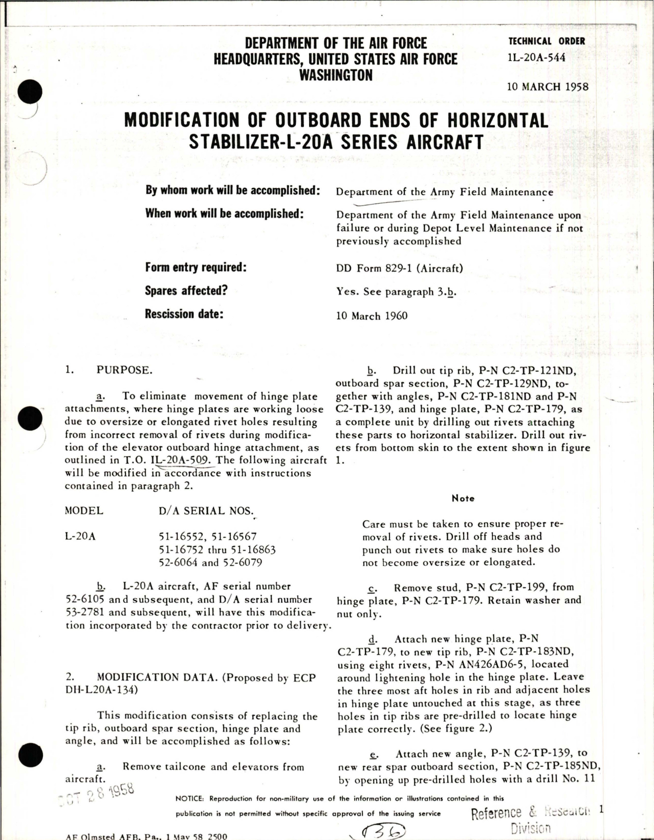 Sample page 1 from AirCorps Library document: Modification of Outboard Ends of Horizontal Stabilizer - L-20A Series