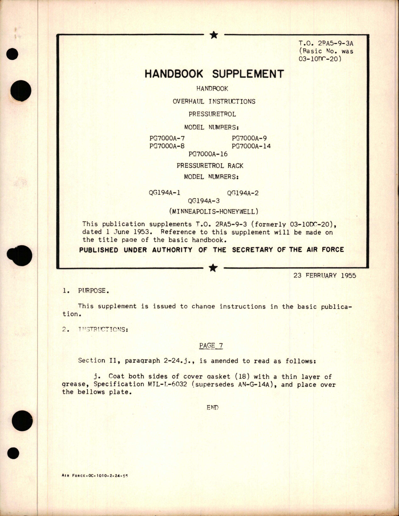 Sample page 1 from AirCorps Library document: Supplement to Overhaul Instructions for Pressuretrol and Pressuretrol Rack